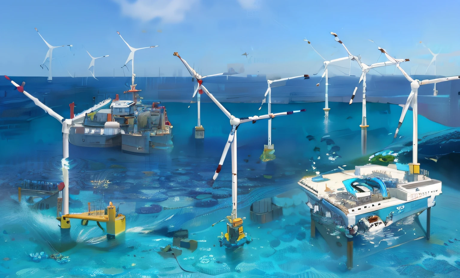 Schematic diagram of a large body of water with a large number of different types of water, ocean simulation, Future technology dredging the seabed, water world, Marine farming, makes the sea area glowing water