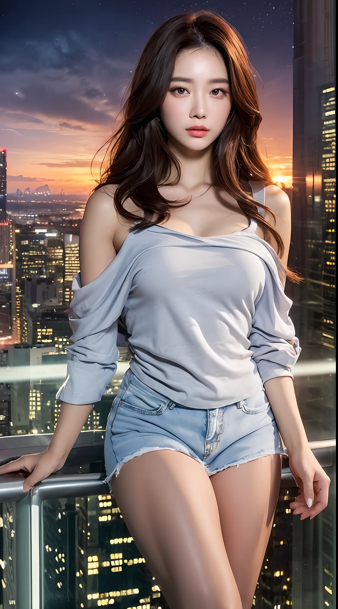 ((Midnight, Best quality, 8k, Masterpiece :1.3)), Whole body, Long legs, Sharp focus :1.2, A pretty woman with perfect figure :1.4, Slender abs :1.1, ((Dark brown hair, Big breasts :1.2)), (White tight tshirt, Jean bib, Standing:1.2), ((Night city view, Rooftop:1.3)), Highly detailed face and skin texture, Detailed eyes, Double eyelid, sunset, darken, backlit, off shoulder