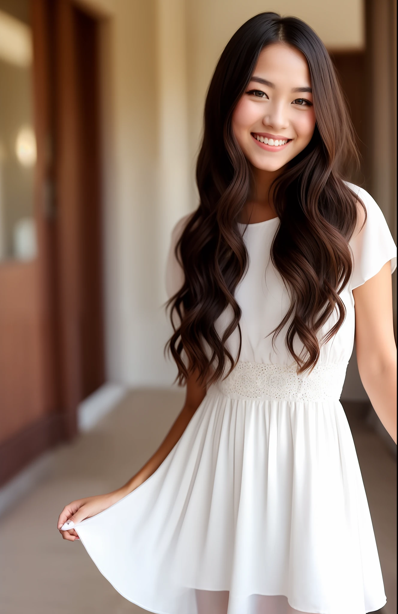 Wearing a white dress,Long hair with a smile,girl with fair skin