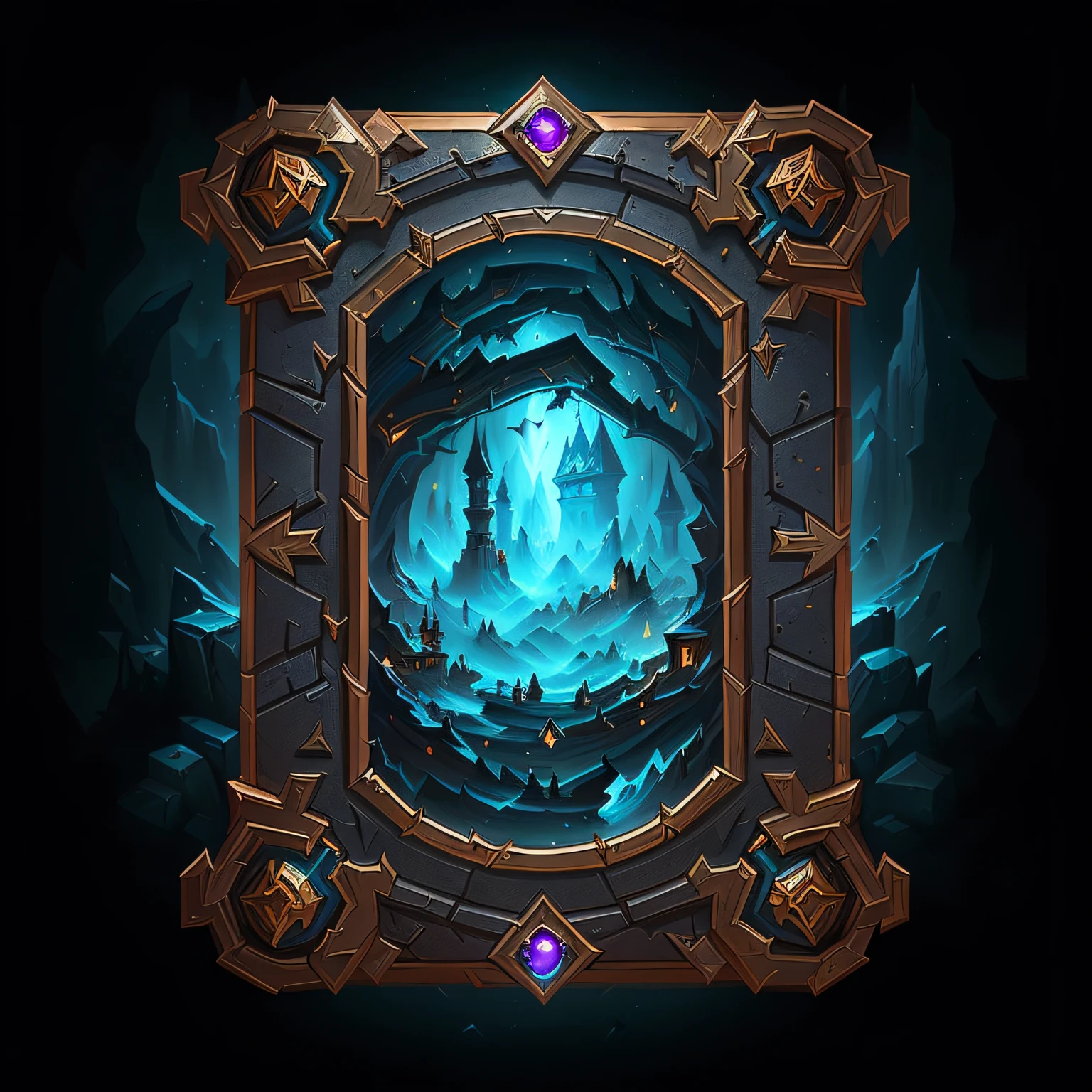 Blue and gold picture frame picture of dark cave, ornate border + concept-art, a portal to the depths, hearthstone art style, arcane art style, fantasy rpg symmetrical portrait, Detailed game art, painted in the style arcane, Fantasy Hearthstone art style, hearthstone art style, Blizzard Hearthstone concept art, Detailed digital 2D fantasy art