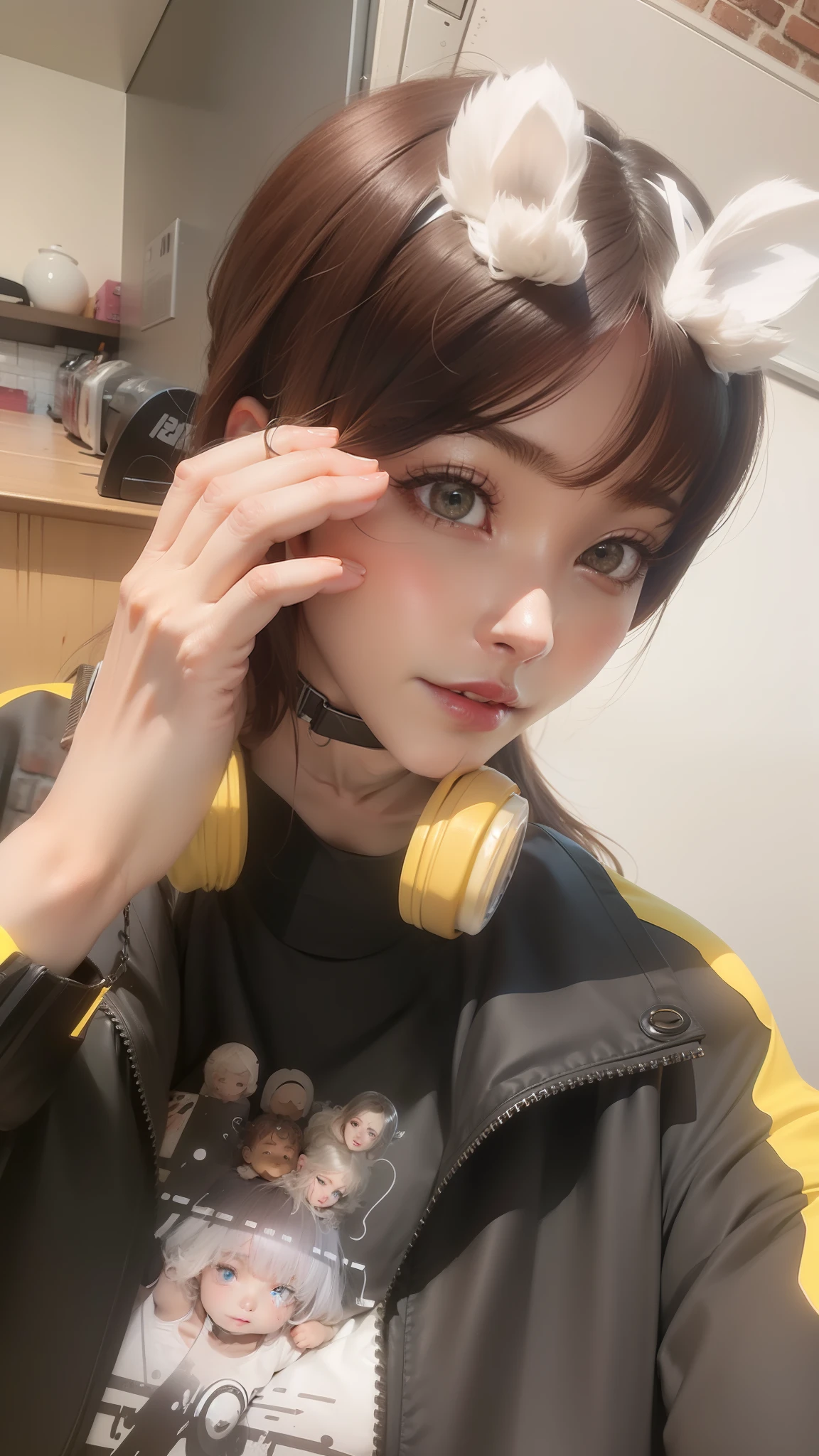(tmasterpiece,Need,1girll,Solo,The details are complex,color difference),photorealestic,((Medium breath)),cropped shoulders,Raised sexy,Yuechan,cabelos preto e longos,white headgear,White highlights,Hair above one eye,耳Nipple Ring,Bright eyes,Perfectly symmetrical figure,choker necklace,Neon shirt,white skirt,against a wall,brick walls,scribbles,alley,looking at viewert(Mean streak,Cleavage is seductive,big breasts enchanting)