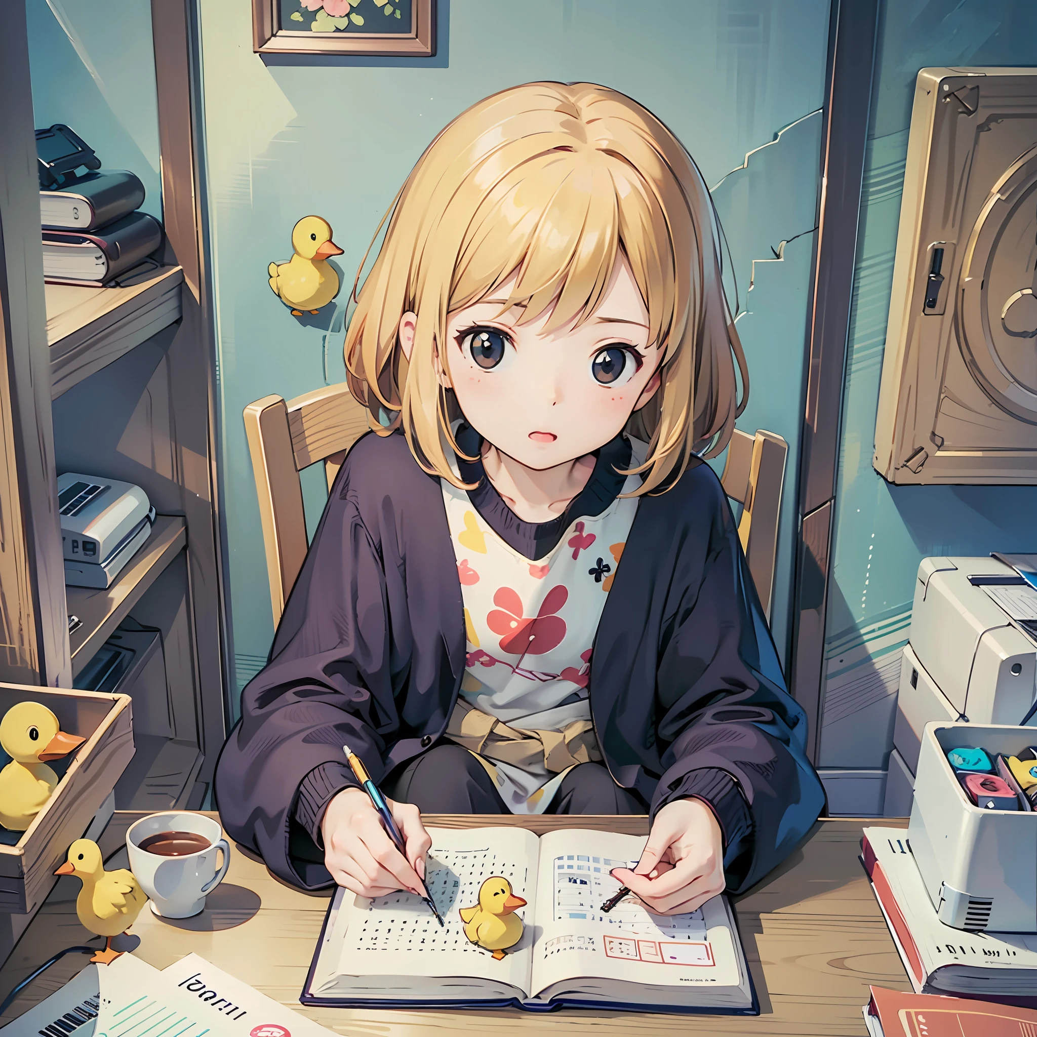 Best image quality, Outstanding detail, Super-High Resolution, (Realism: 1.4), best illustration, prefer details, A cute little girl sitting at a computer desk working，Moe baby，chibi ,Little yellow duck hair card，