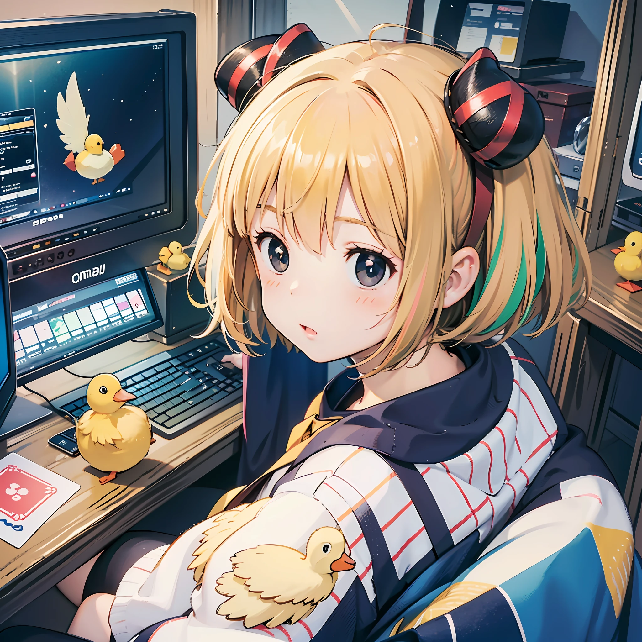 Best image quality, Outstanding detail, Super-High Resolution, (Realism: 1.4), best illustration, prefer details, A cute  girl sitting at a computer desk working，Moe baby，c ,Little yellow duck hair card，