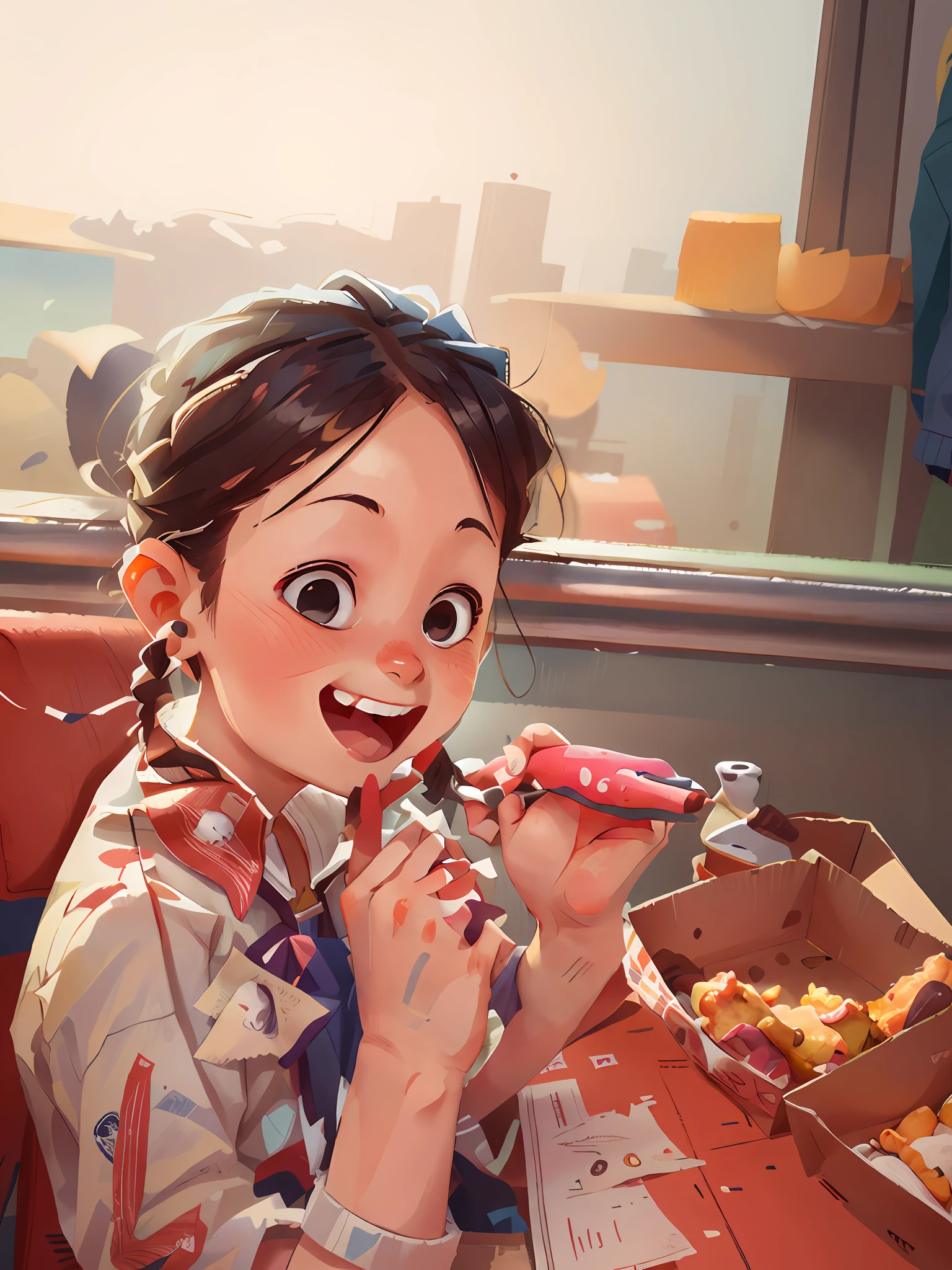 Poster production,Children's Day,On the train,A little girl eating fried chicken,having fun,cheerfulness --v 6