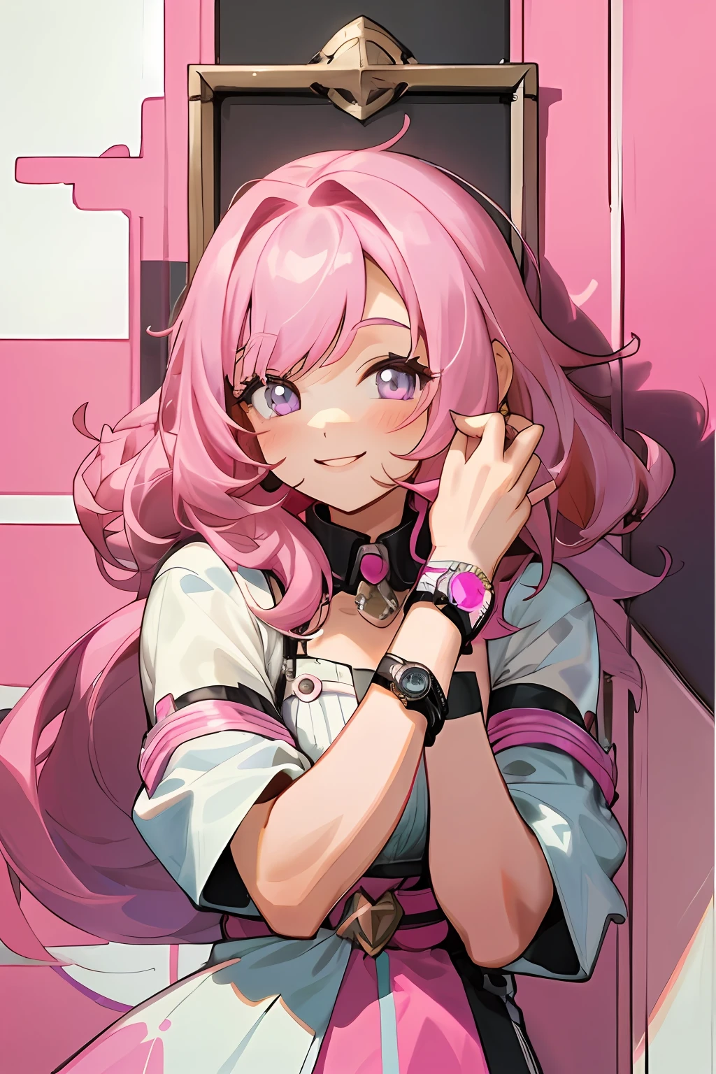 Cute girl with pink hair,adolable,adolable,A pink-haired,Smile and watch