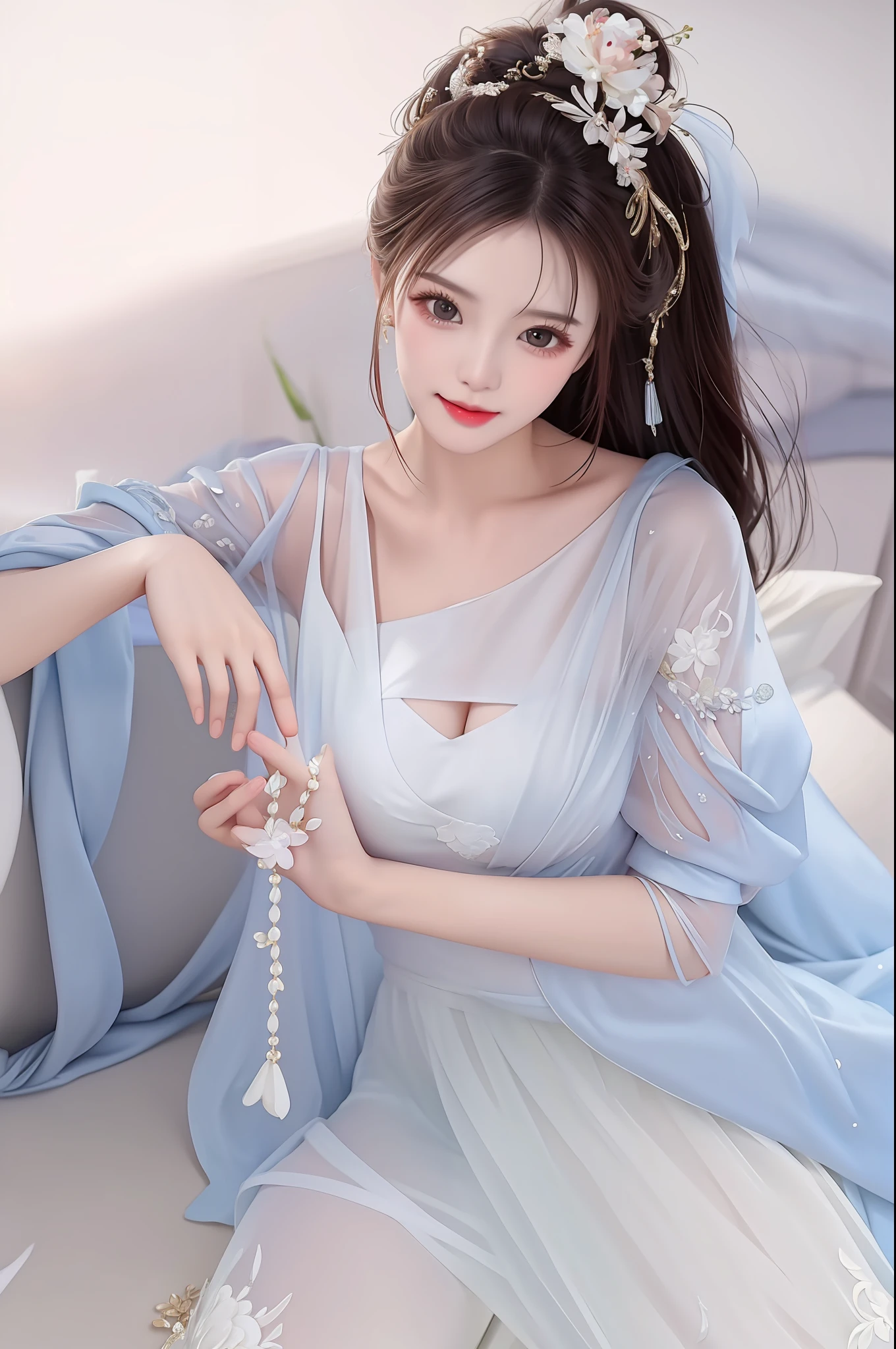 best quality, masterpiece, highres, 1girl,china wedding dress,hair ornament,necklace, jewelry,Beautiful face,upon_body, tyndall effect,photorealistic, dark studio, rim lighting, two tone lighting,(high detailed skin:1.2), 8k uhd, dslr, soft lighting, high quality, volumetric lighting, candid, Photograph, high resolution, 4k, 8k, Bokeh, full body, big breast, one leg up, long legs, bare legs, see-through blouse, see-through bra, see-through panties, sitting, full body view, starting at viewer, naked, Japanese 20 year old girl, one girl