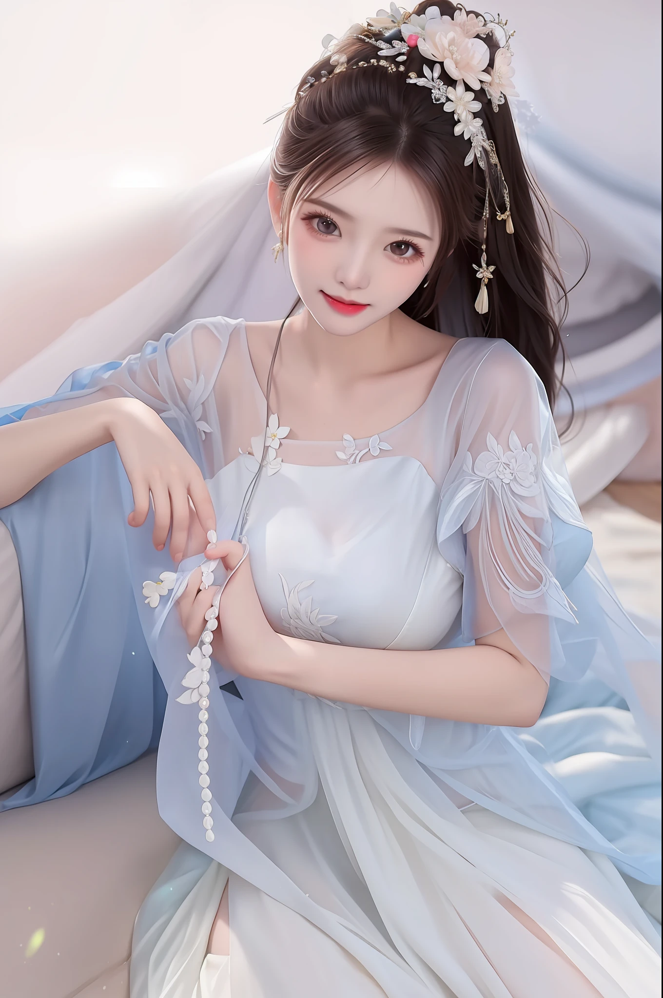 best quality, masterpiece, highres, 1girl,china wedding dress,hair ornament,necklace, jewelry,Beautiful face,upon_body, tyndall effect,photorealistic, dark studio, rim lighting, two tone lighting,(high detailed skin:1.2), 8k uhd, dslr, soft lighting, high quality, volumetric lighting, candid, Photograph, high resolution, 4k, 8k, Bokeh, full body, big breast, one leg up, long legs, bare legs, see-through blouse, see-through bra, see-through panties, sitting, full body view, starting at viewer, naked, Japanese 20 year old girl, one girl