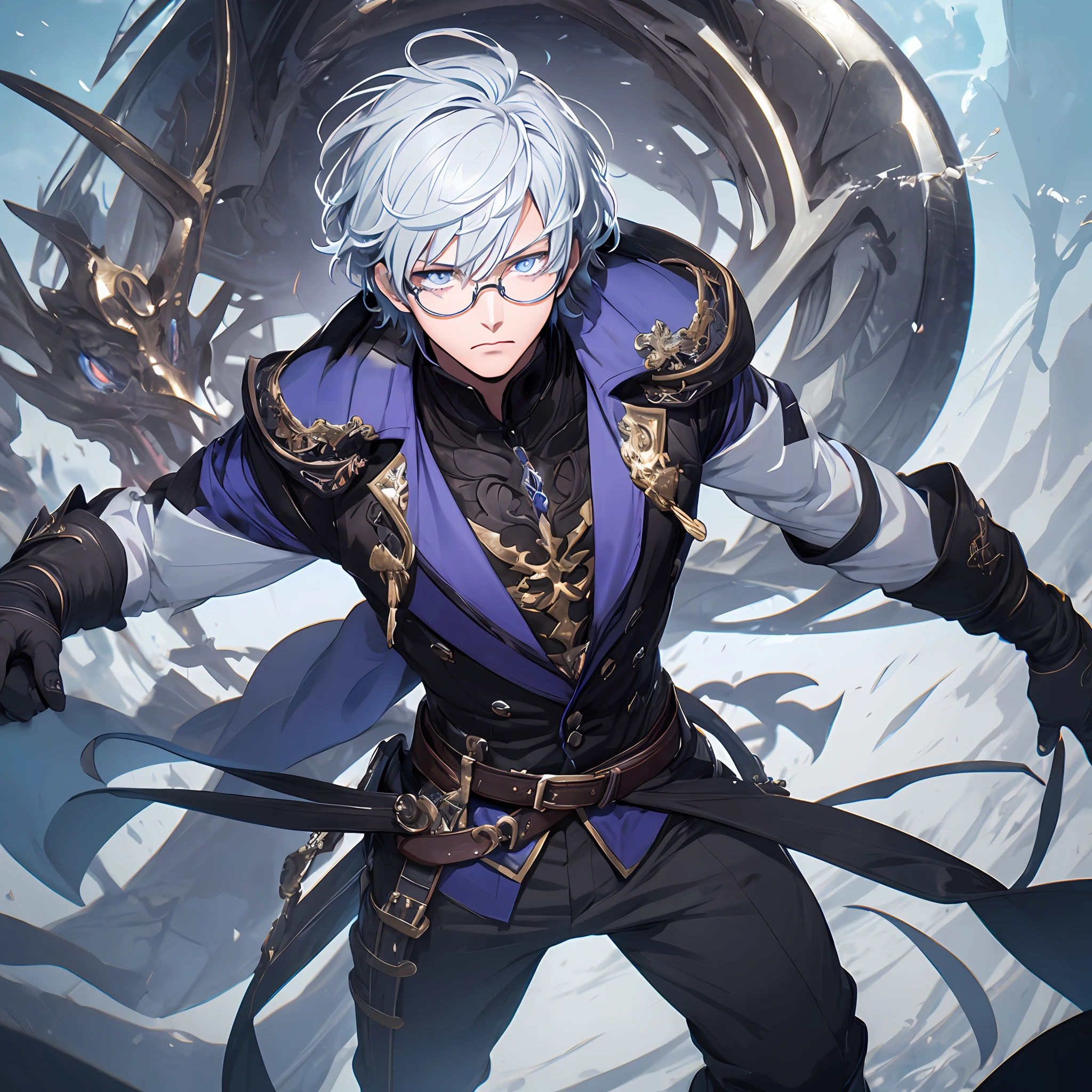 masterpiece, best quality, 1man, adult, male focus, solo, gray hair, short hair, vibrant blue eyes, looking at viewer, closed mouth, oval-shaped glasses, Fantasy aesthetics, Highly detailed, shadowverse style, full body, black purple attire