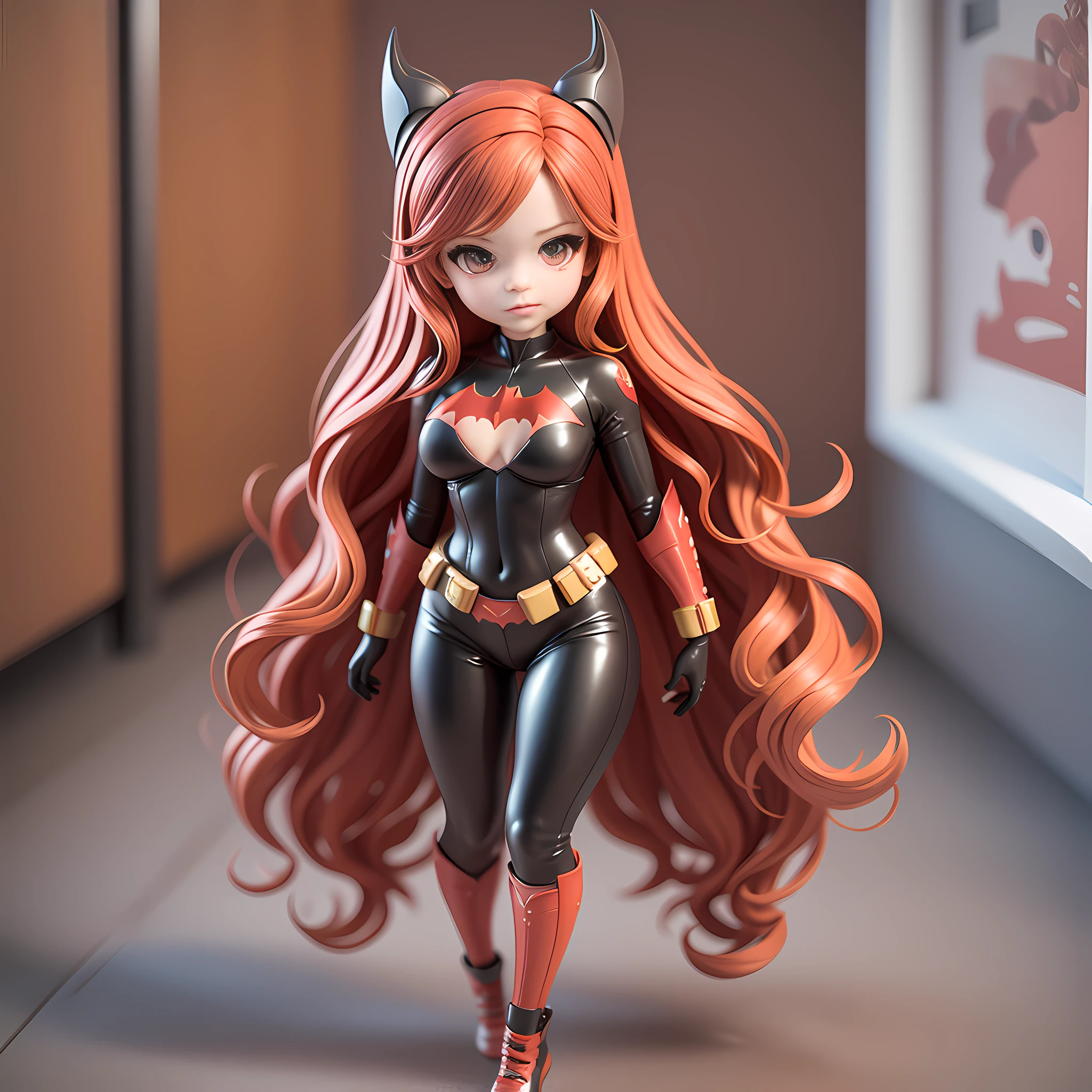 Masterpiece, best quality, lots of detail, (full body:1.2), chibi, batwoman, red hair, latex bodysuit, 3D rendering, Q printmaking style