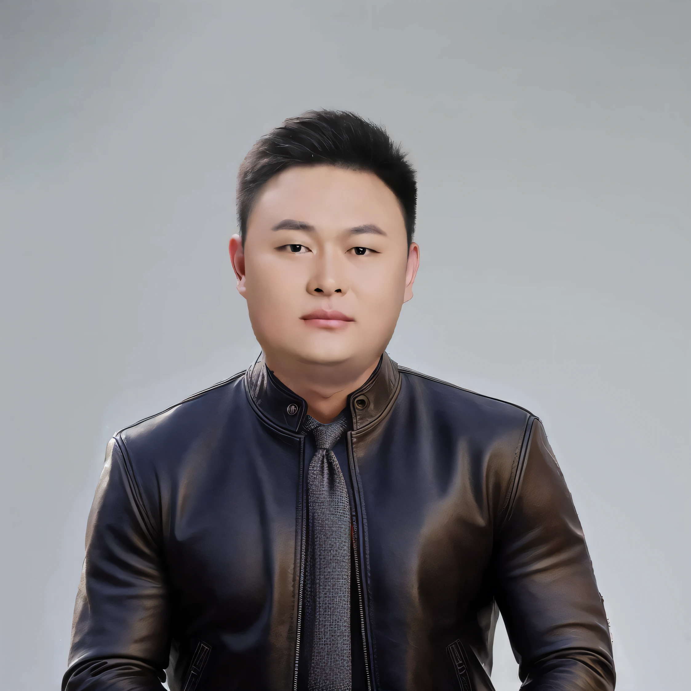 1man,A 30-year-old muscular man,Wear a long-sleeved leather jacket and tie,Drinking coffee,gentlesoftlighting,tmasterpiece,Best quality at best,8K UHD,digital SLR camera,filmgrain,Midjourney and greg rutkowski's Fujifilm XT3 realistic painting art