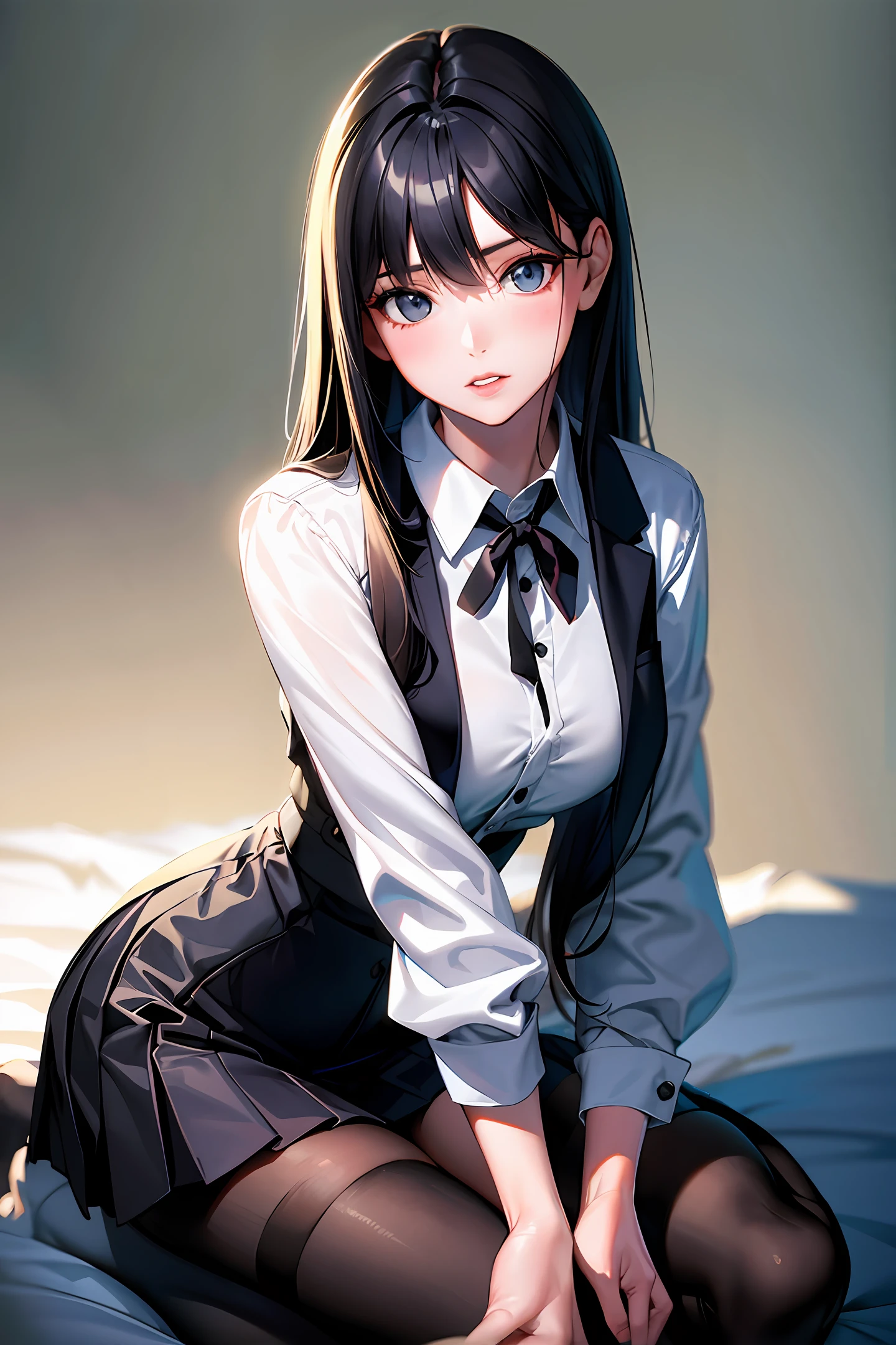 schoolgirls，straight brown hair，Student white shirt，Pleated skirt in blue color，Bend over，Prepare your hands to take off your skirt