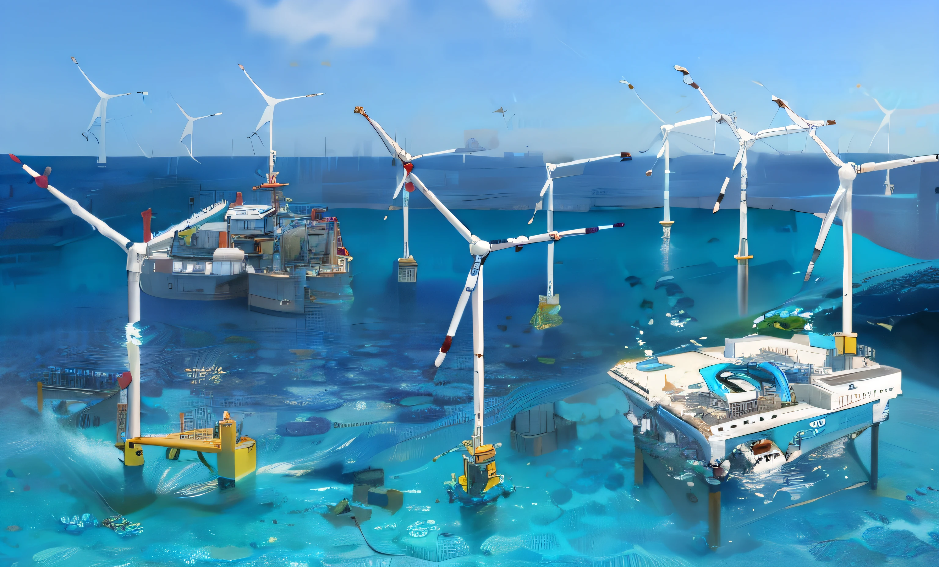 Schematic diagram of a large body of water with a large number of different types of water, ocean simulation, Future technology dredging the seabed, water world, Marine farming, makes the sea area glowing water