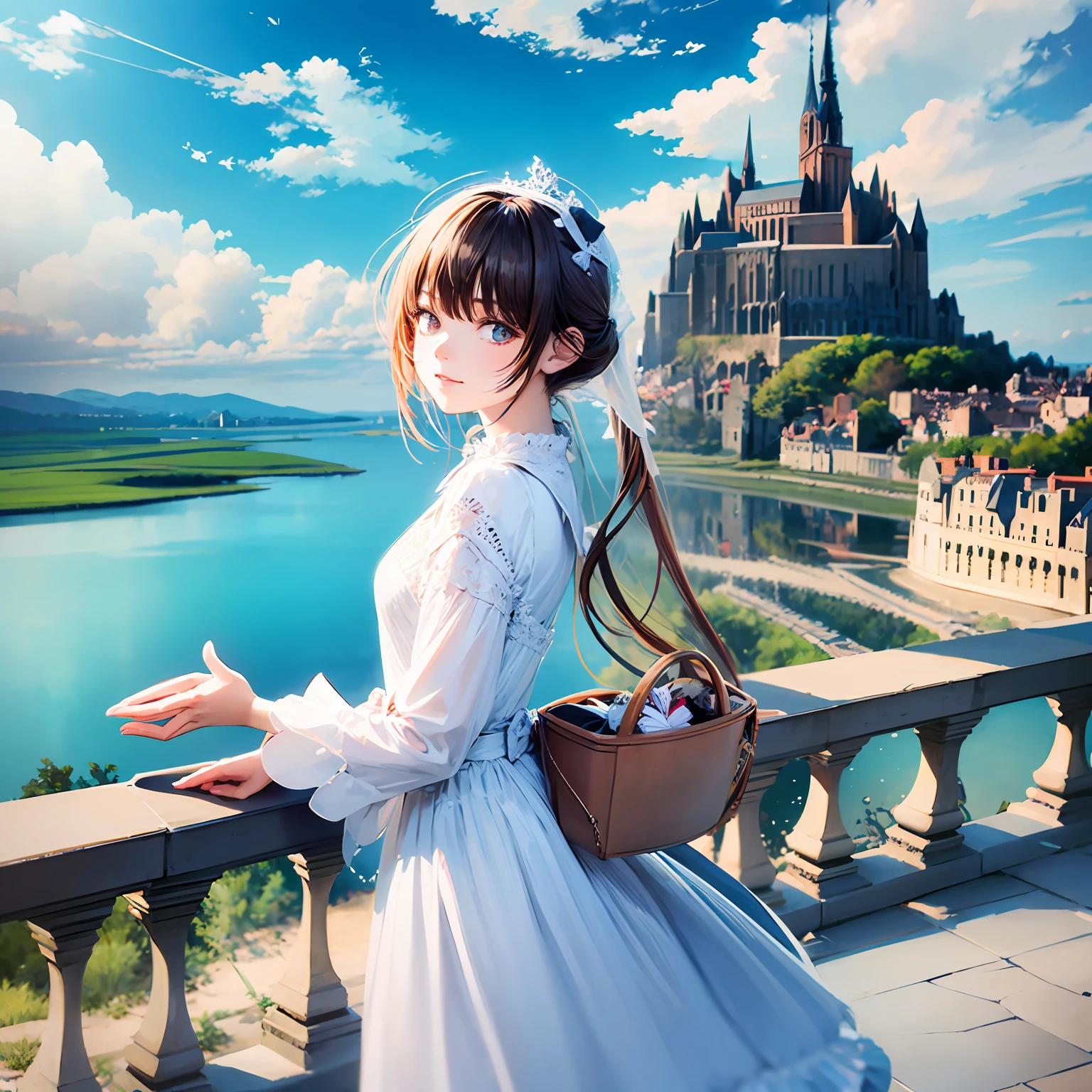 Fantasy style，The girl stands on the bridge again，Opposite is a huge boat，8k，shock --auto