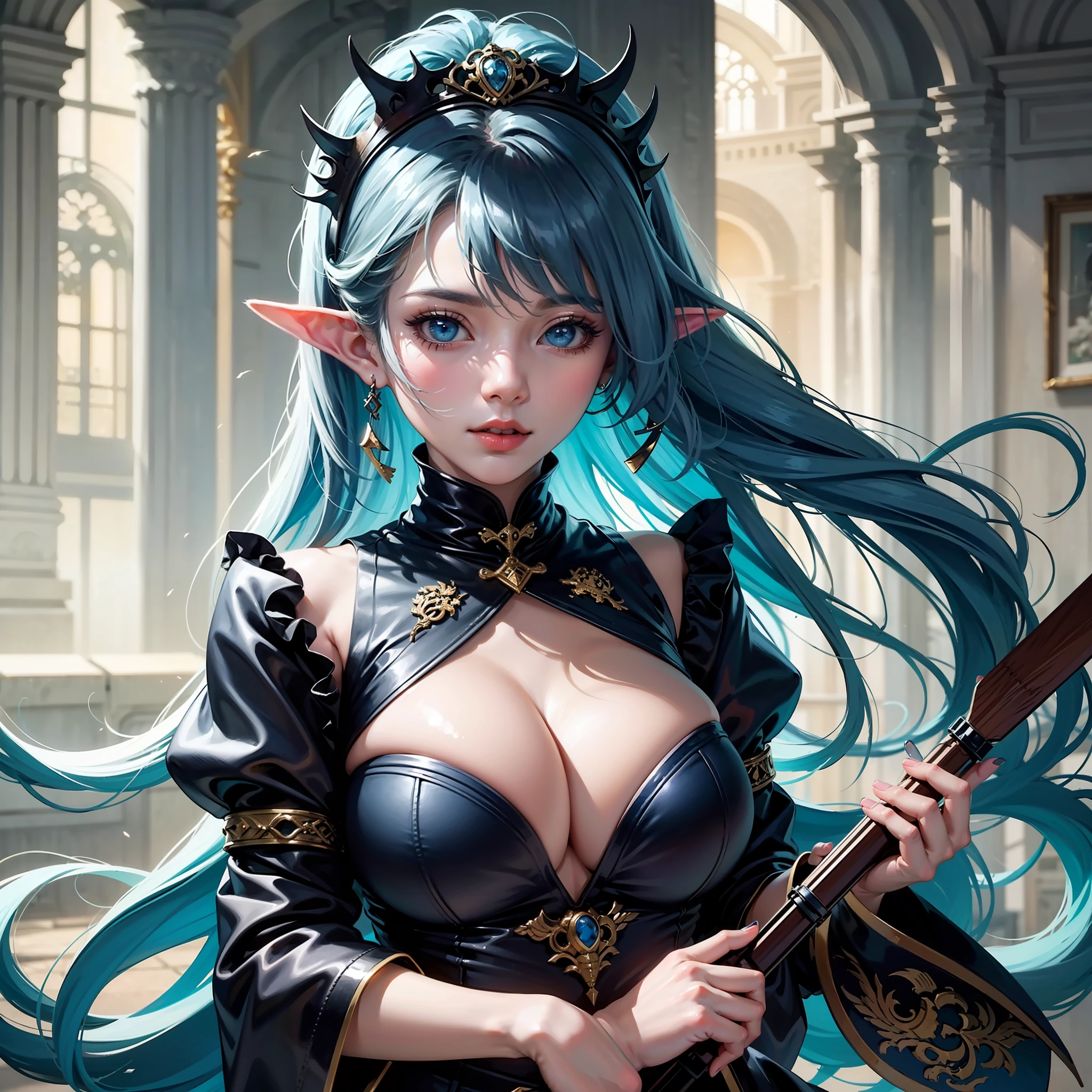 (tmasterpiece), best qualtiy, 1girll, 独奏, Elf Girl, ligh, Bedrooms, Lori huge breasts cleavage, Blue slime girl, Upper body shooting, sportrait, number art, big breasts beautiful, illustration, Popular on ArtStation, Featured on Pixiv --auto