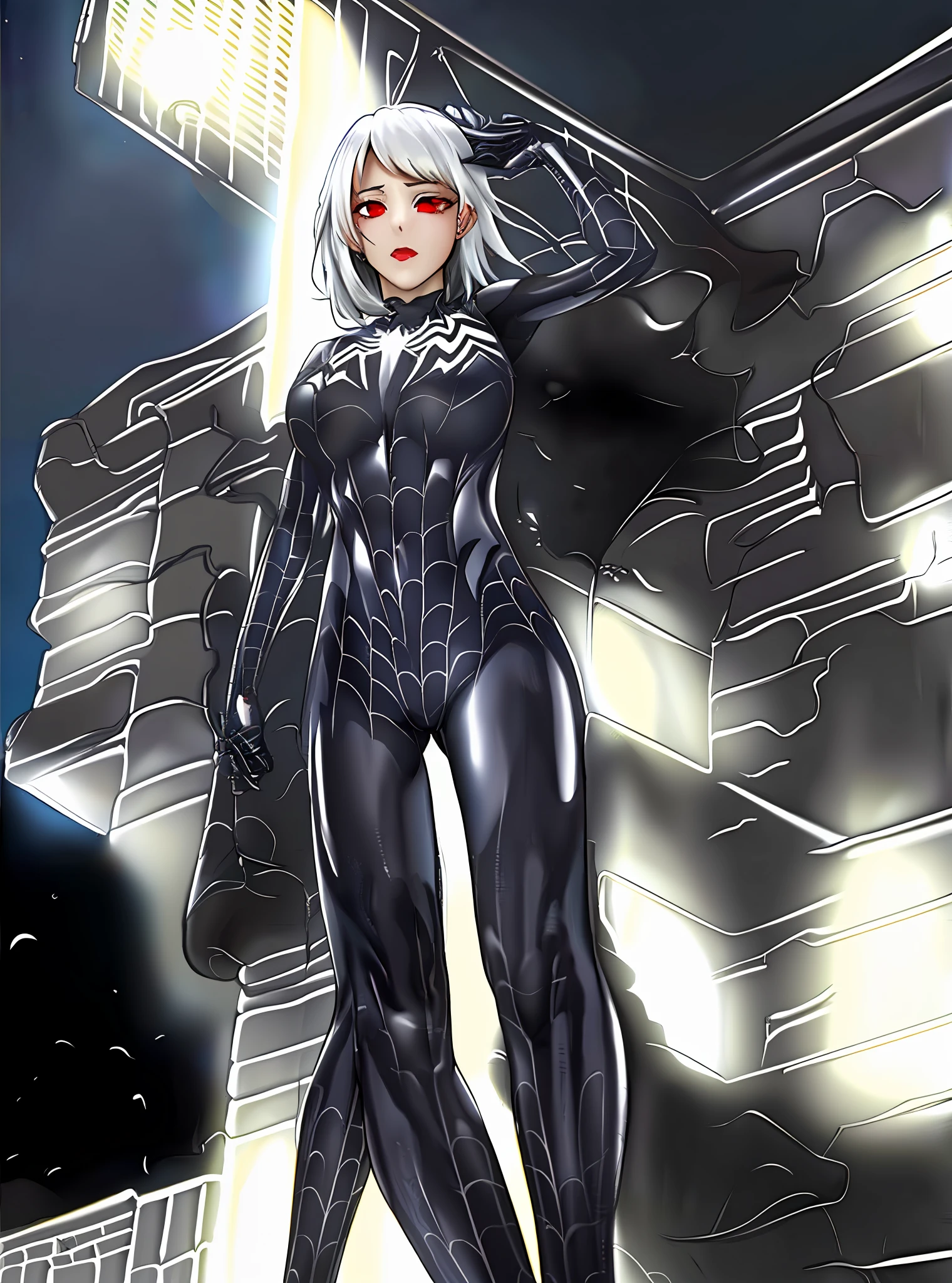 symbiote，Kizi，White hair，red eyes（Wear Female Spider-Man，In front of the sky，（Black and white：1.3） the night,