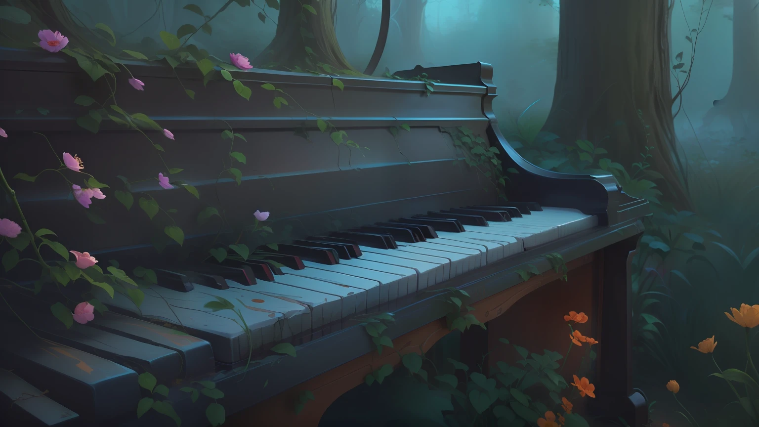 There is a piano in the middle of the garden，Flowers are planted inside, background artwork, anime lush john 8k woods, Anime background art, 8K high quality detailed art, arte de fundo, colorful anime movie background, anime backgrounds, Relaxing concept art, 4K detailed digital art, 4k highly detailed digital art, Anime art wallpaper 4 K, Anime art wallpaper 4k