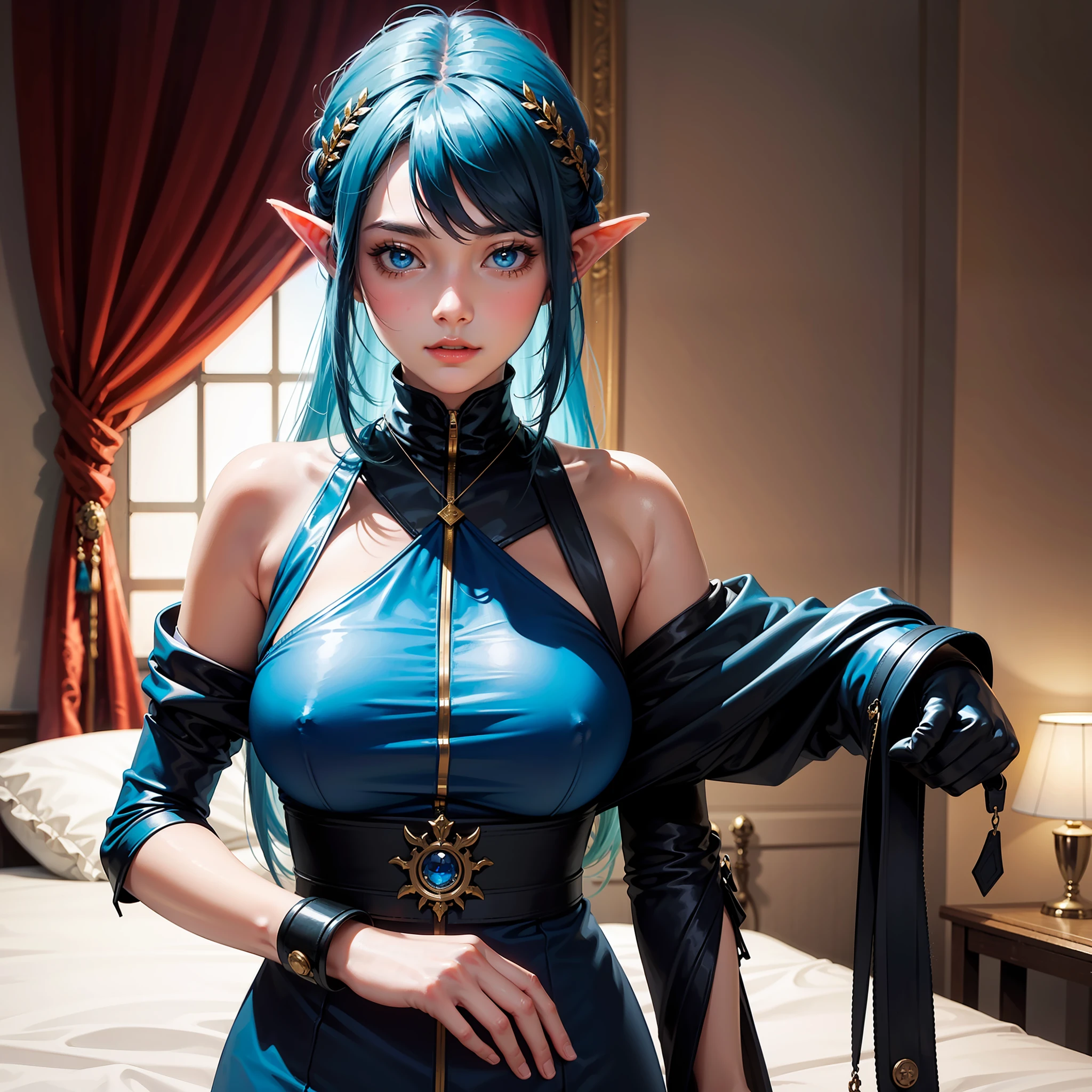 (tmasterpiece), best qualtiy, 1girll, 独奏, Elf Girl, ligh, Bedrooms, Lori huge breasts cleavage, Blue slime girl, Upper body shooting, sportrait, number art, big breasts beautiful, illustration, Popular on ArtStation, Featured on Pixiv --auto