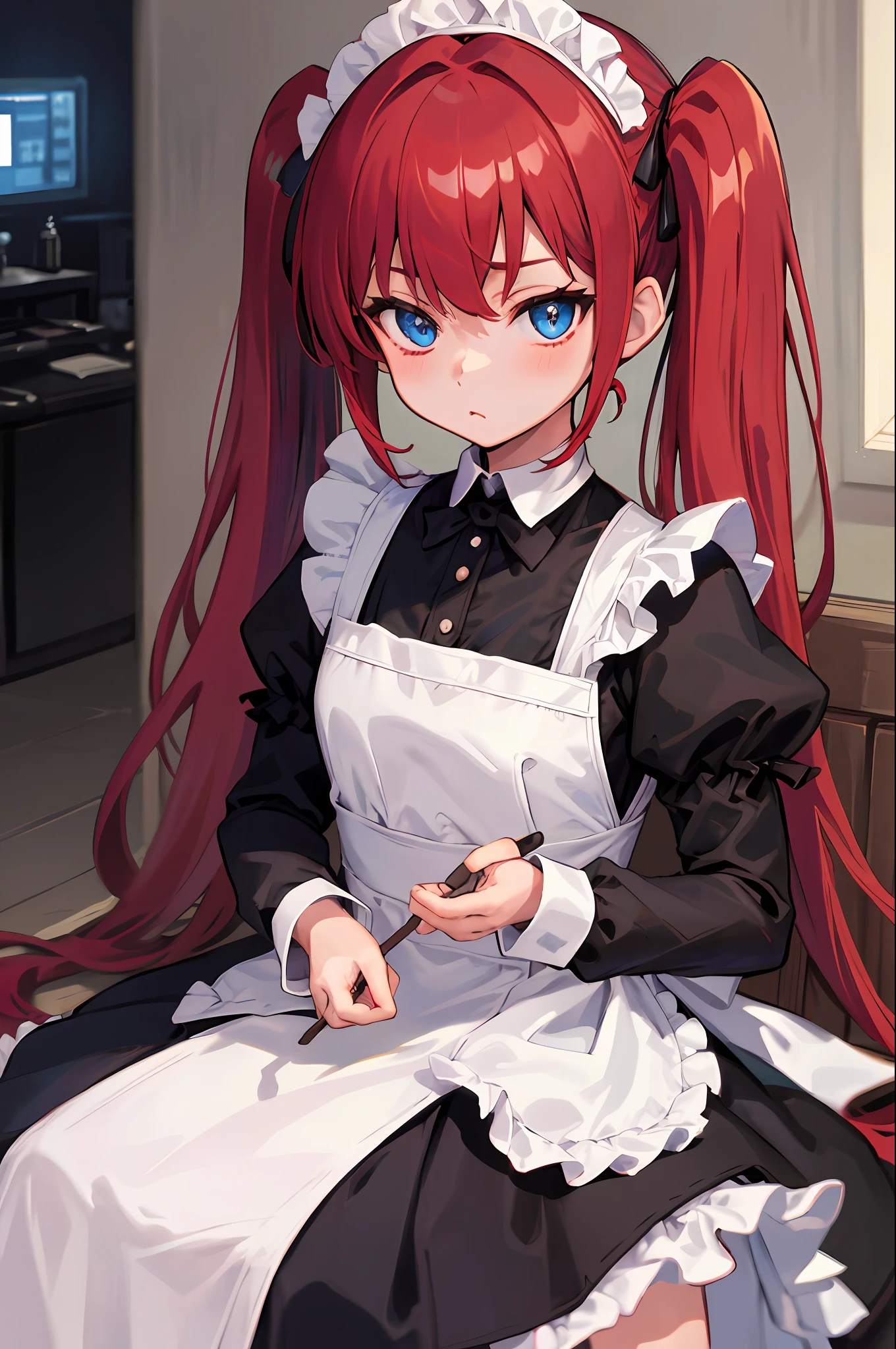 red hair,blue eyes,twintails,maid, long hair, long sleeves, gothic, solo, li,liirl,{{best quality}}, {{masterpiece}}, {{ultra-detailed}}, {illustration}, {detailed light}, {an extremely delicate and beautiful}