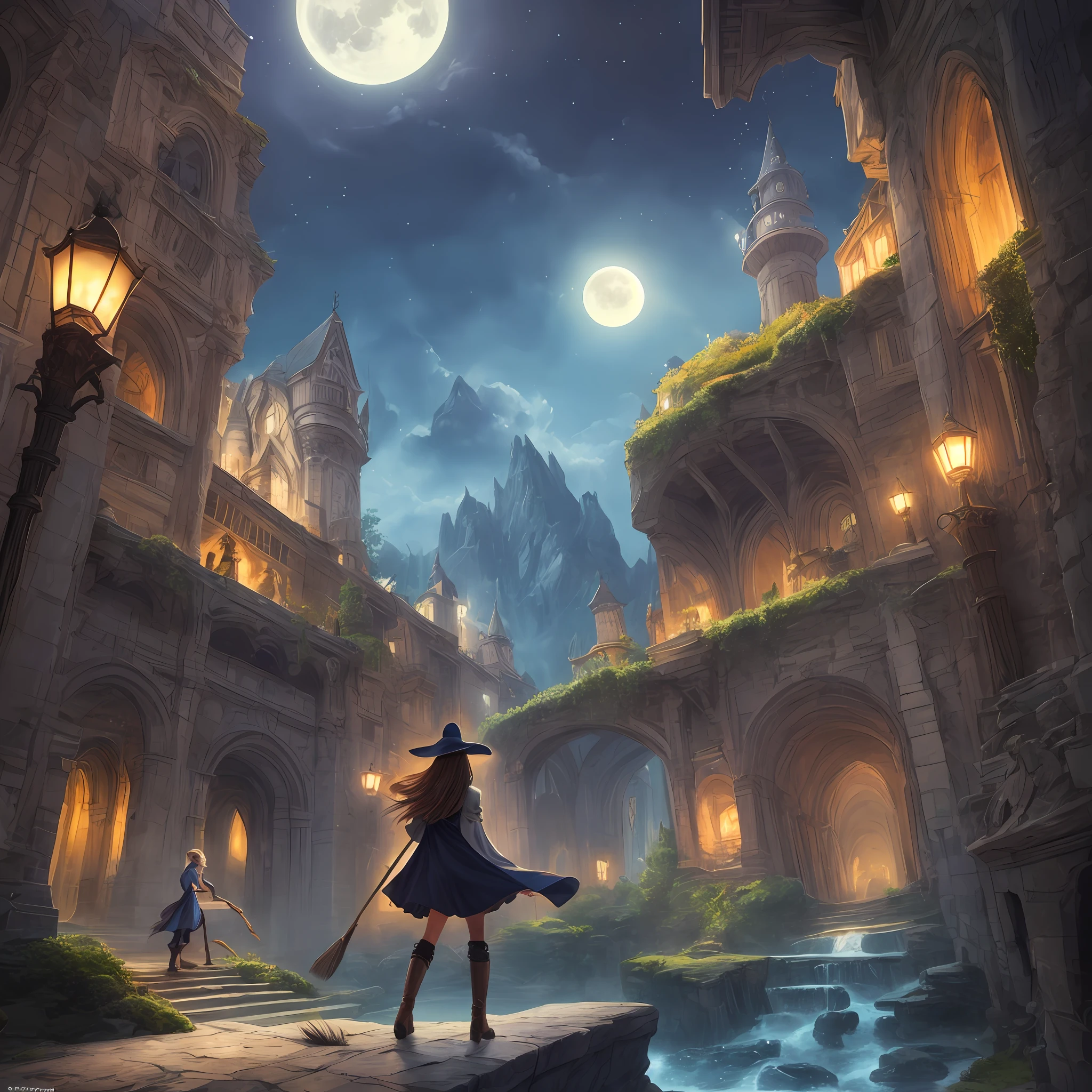 Top quality, ultra detail, illustration, 1girl, solo, fantasy, night sky, outdoors, magic, spell, moon, star, cloud, wind, hair, cape, hat, boots, broom, shining, mysterious, cape, capical, capical, capricious, capricious, playful, adventurous, freedom, wonder, imagination, determination, skill, speed, movement, energy, realism, naturalism, figurative, expression, beauty, fantasy culture, mythology, fairy tale, folklore, legend, witch, wizard, fantasy world, composition, scale, foreground, midpoint, background, perspective, light, color, detail, beauty, wonder. --auto
