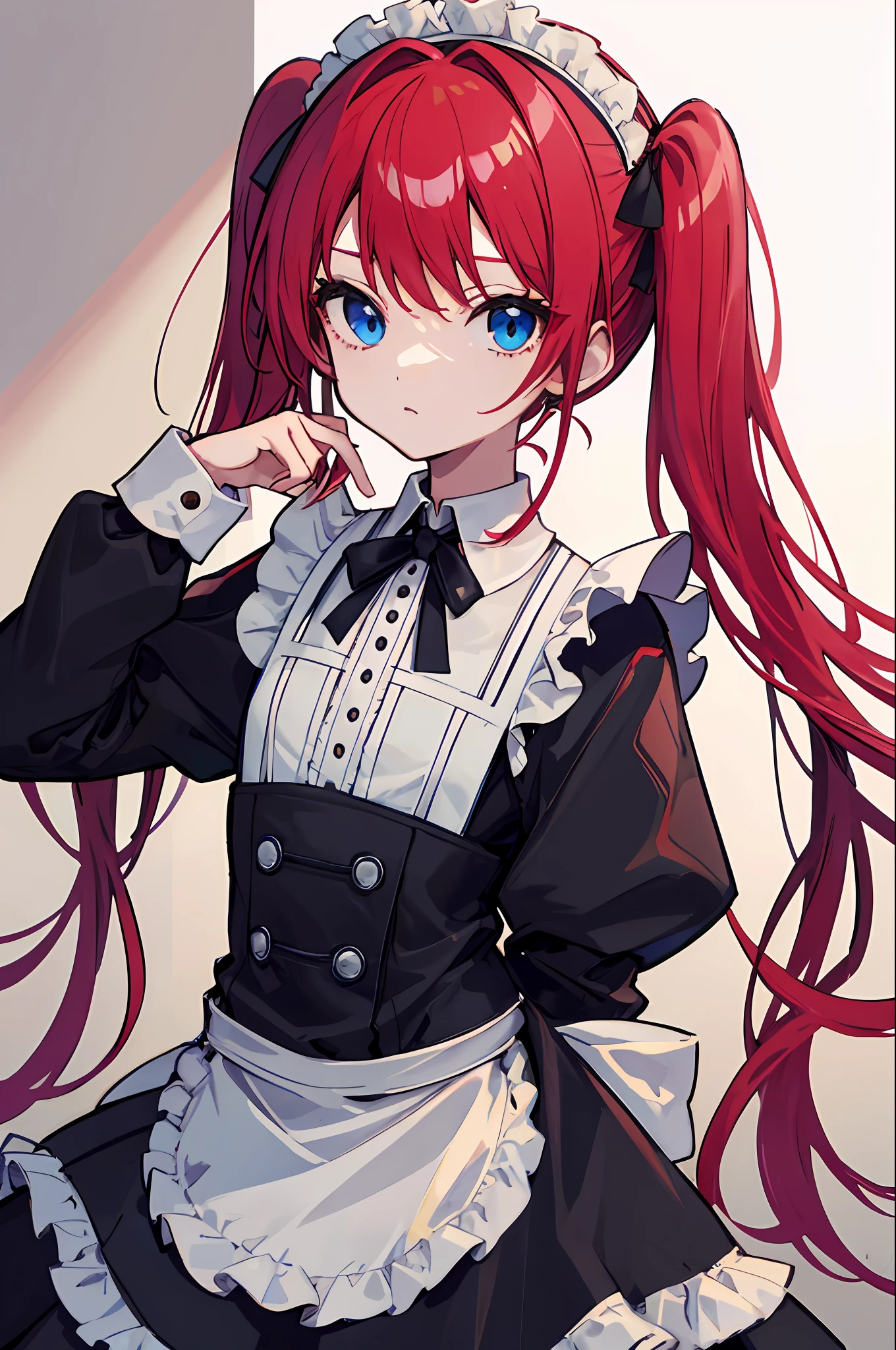 red hair,blue eyes,twintails,maid, long hair, long sleeves, gothic, solo, loli,little girl,{{best quality}}, {{masterpiece}}, {{ultra-detailed}}, {illustration}, {detailed light}, {an extremely delicate and beautiful}