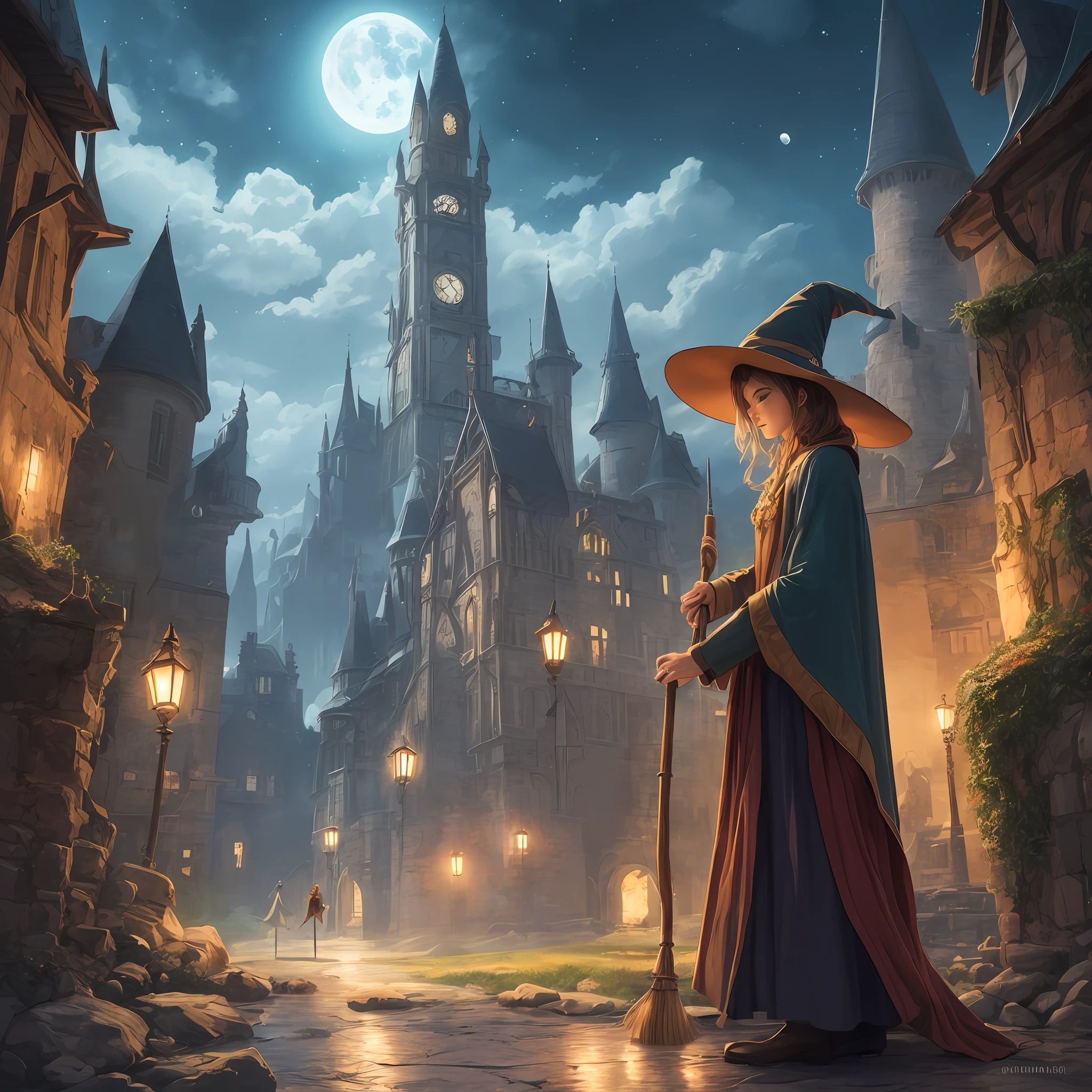 Top quality, ultra detail, illustration, 1girl, solo, fantasy, night sky, outdoors, magic, spell, moon, star, cloud, wind, hair, cape, hat, boots, broom, shining, mysterious, cape, capical, capical, capricious, capricious, playful, adventurous, freedom, wonder, imagination, determination, skill, speed, movement, energy, realism, naturalism, figurative, expression, beauty, fantasy culture, mythology, fairy tale, folklore, legend, witch, wizard, fantasy world, composition, scale, foreground, midpoint, background, perspective, light, color, detail, beauty, wonder. --auto