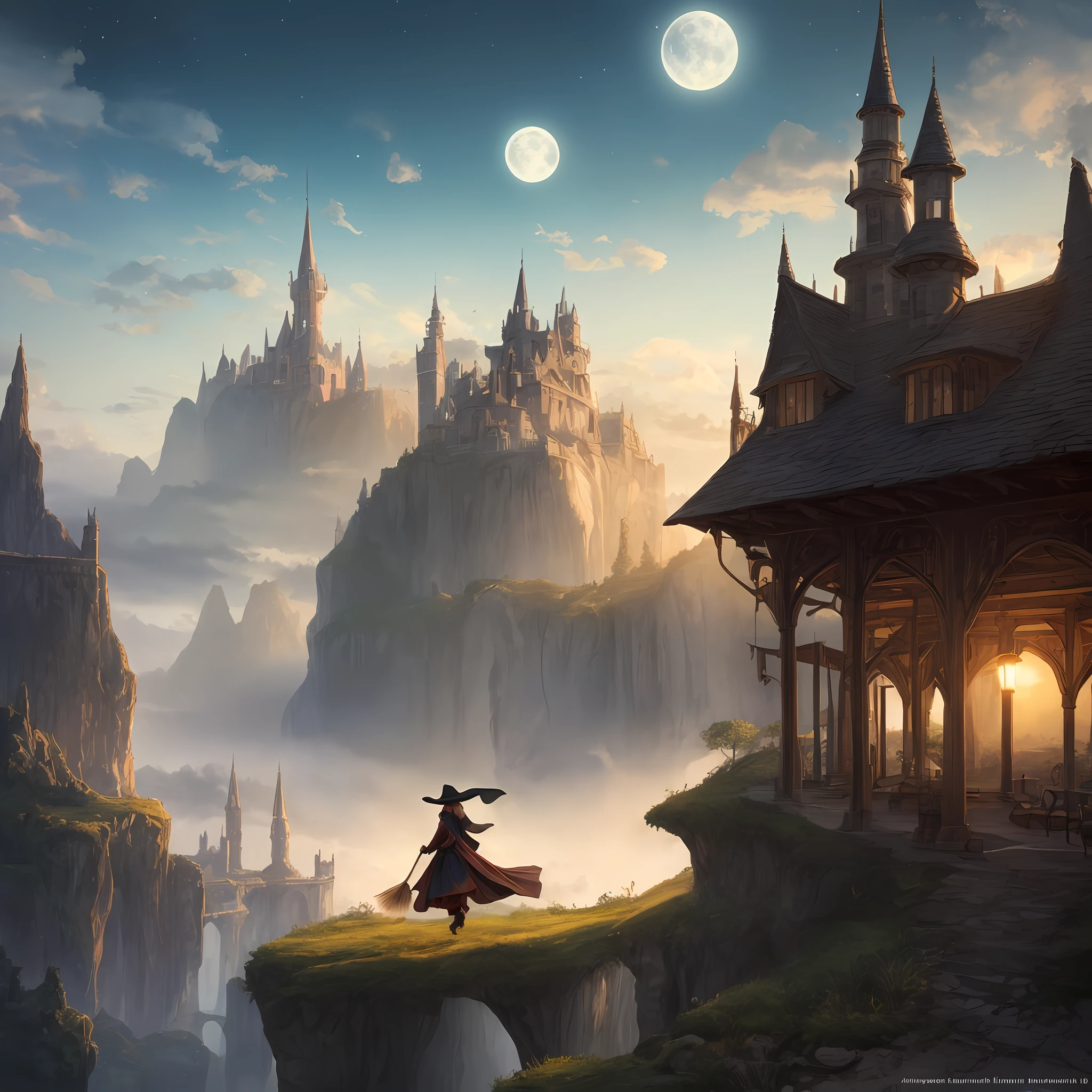 Top quality, ultra detail, illustration, 1girl, solo, fantasy, night sky, outdoors, magic, spell, moon, star, cloud, wind, hair, cape, hat, boots, broom, shining, mysterious, cape, capical, capical, capricious, capricious, playful, adventurous, freedom, wonder, imagination, determination, skill, speed, movement, energy, realism, naturalism, figurative, expression, beauty, fantasy culture, mythology, fairy tale, folklore, legend, witch, wizard, fantasy world, composition, scale, foreground, midpoint, background, perspective, light, color, detail, beauty, wonder. --auto
