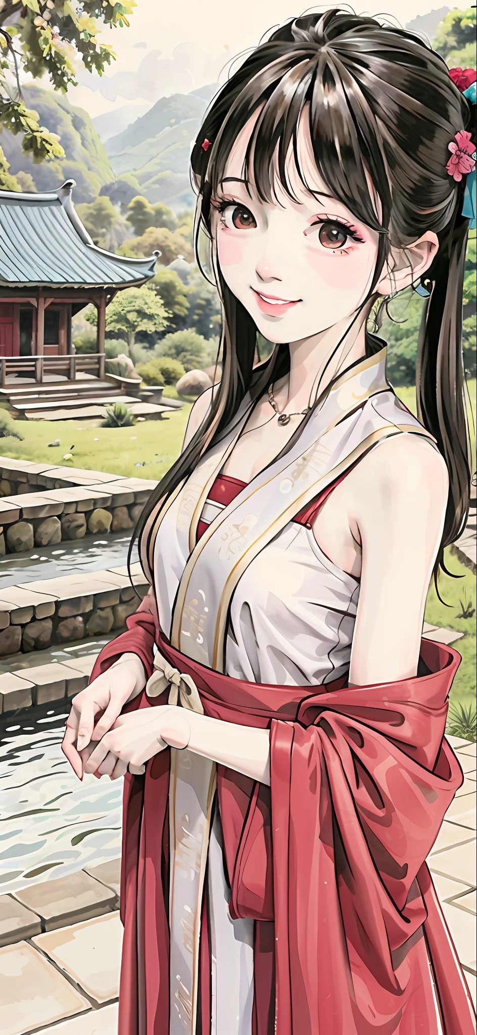 (masterpiece),best quality,good anatomy, shuimobysim,(1 girl:1), (upper body),(smile),short hair,(hanfu),(ecchi0.5), (trees:0.5), (flowers:0.6) ,(wooden house:0.2),(bamboo forest:0.2),(creek:0.2),(river:0.2),