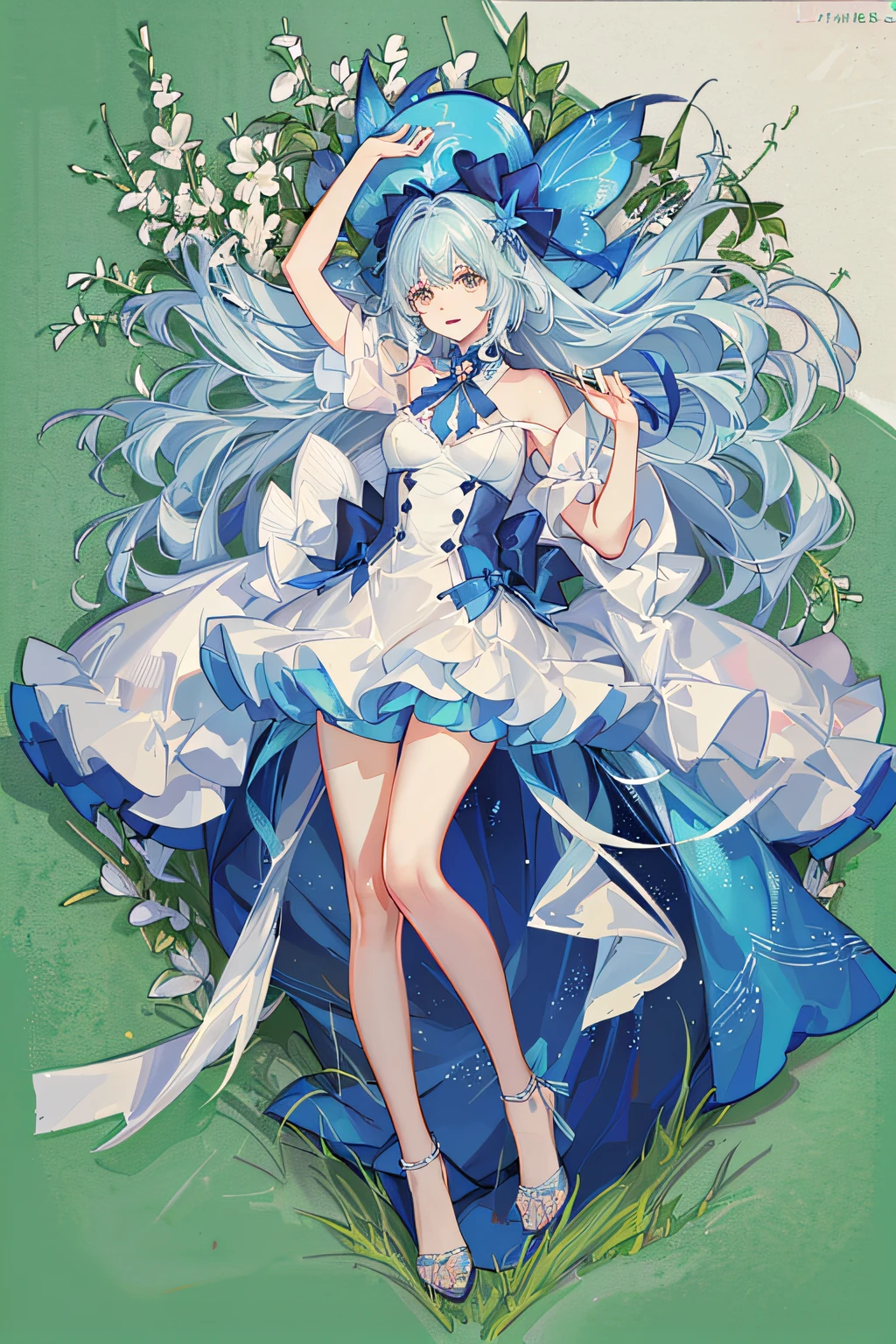 4K,Masterpiece,Bast quality,ink and watercolor painting,Two-dimensional painting style,Kizi,Solo,feet in water,long whitr hair,Dress revealingly