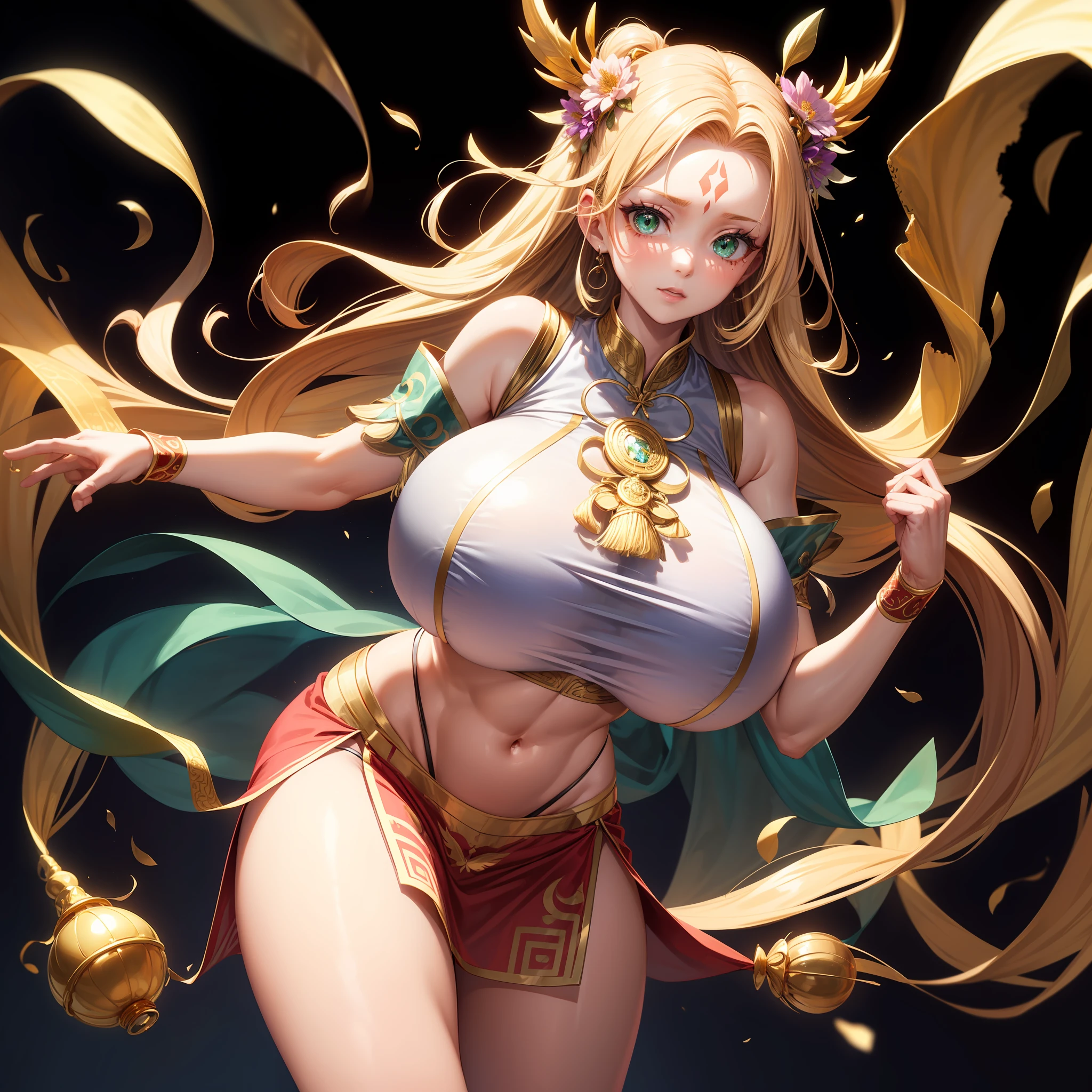 (Golden Ratio:1.2),[(black background:1.4)::10],(masterpiece), (best quality), (ultra detailed),(disheveled hair),(illustration),(1 girl:1 3),narusawaryouka,solo,full body,mature famale,milf,tall body and atrong muscle,(forehead mark:1.1),blonde hair,green eyes,(gigantic breasts:1.1)+(huge breasts:1.2),(crop top:1.3)+(see through silk clothes has many jewerl Charm:1.3)+(Hmong dancer costume:1.3),vest line,(thick thigh:1.2),(dancing on grass:1.2)+(colorful flower sea:1.3)+[(Inception:1.2)]