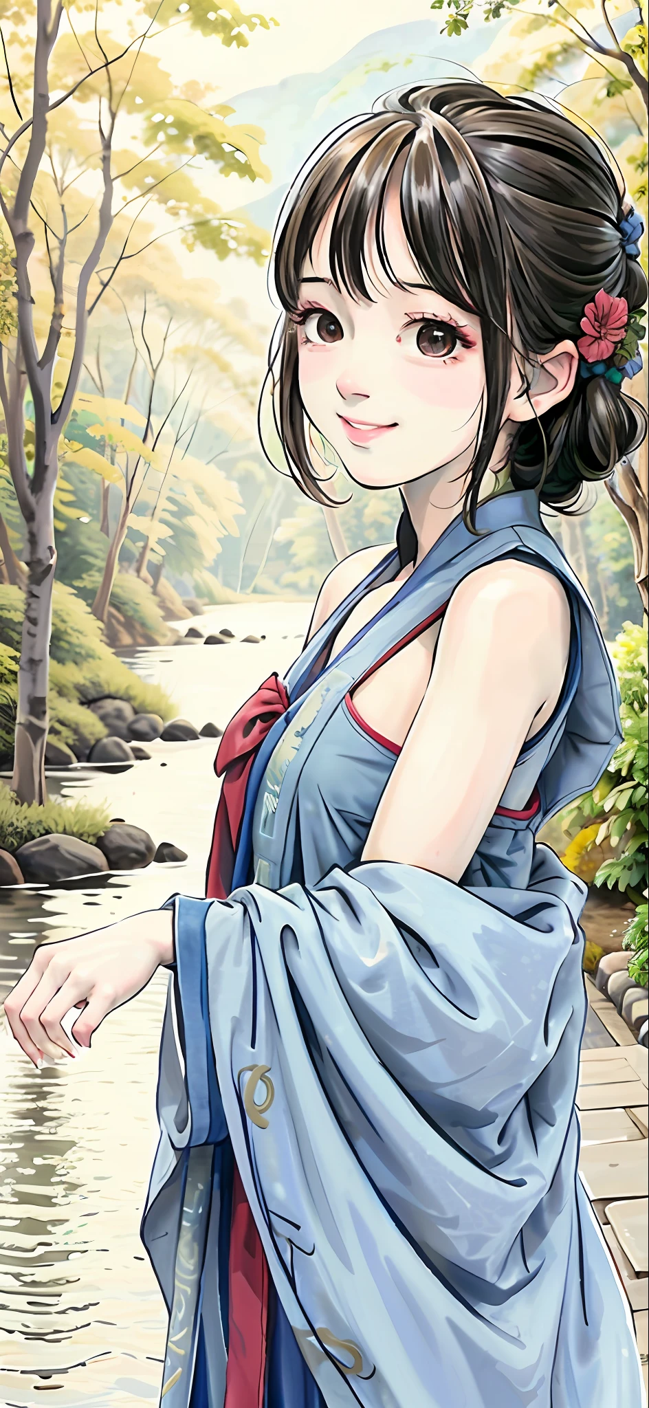 (masterpiece),best quality,good anatomy, shuimobysim,(1 girl:1), (upper body),(smile),short hair,(hanfu),(ecchi0.5), (trees:0.5), (flowers:0.6) ,(wooden house:0.2),(bamboo forest:0.2),(creek:0.2),(river:0.2),