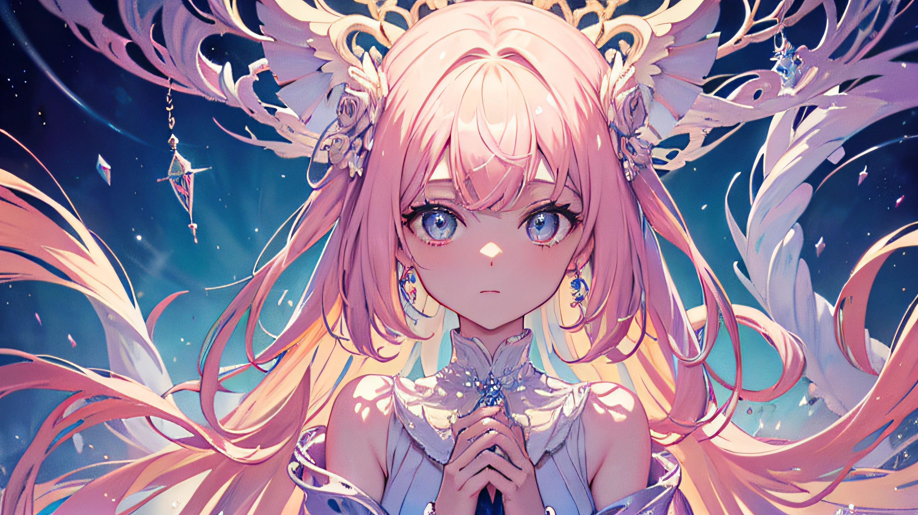 (masterpiece, top quality, best quality,watercolor (medium),official art, beautiful and aesthetic:1.2),(1girl:1.3), (fractal art:1.3),upper body, from side, looking at viewer,patterns,(rainbow color Hair,colorful hair,half blue and half pink hair:1.2),water,liquid, cloud,colorful, starry,stars, --auto