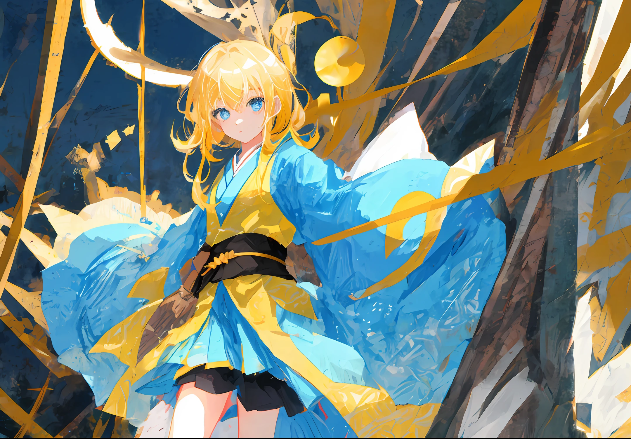 Japanese manga style,Yellow-haired and blue-eyed girl