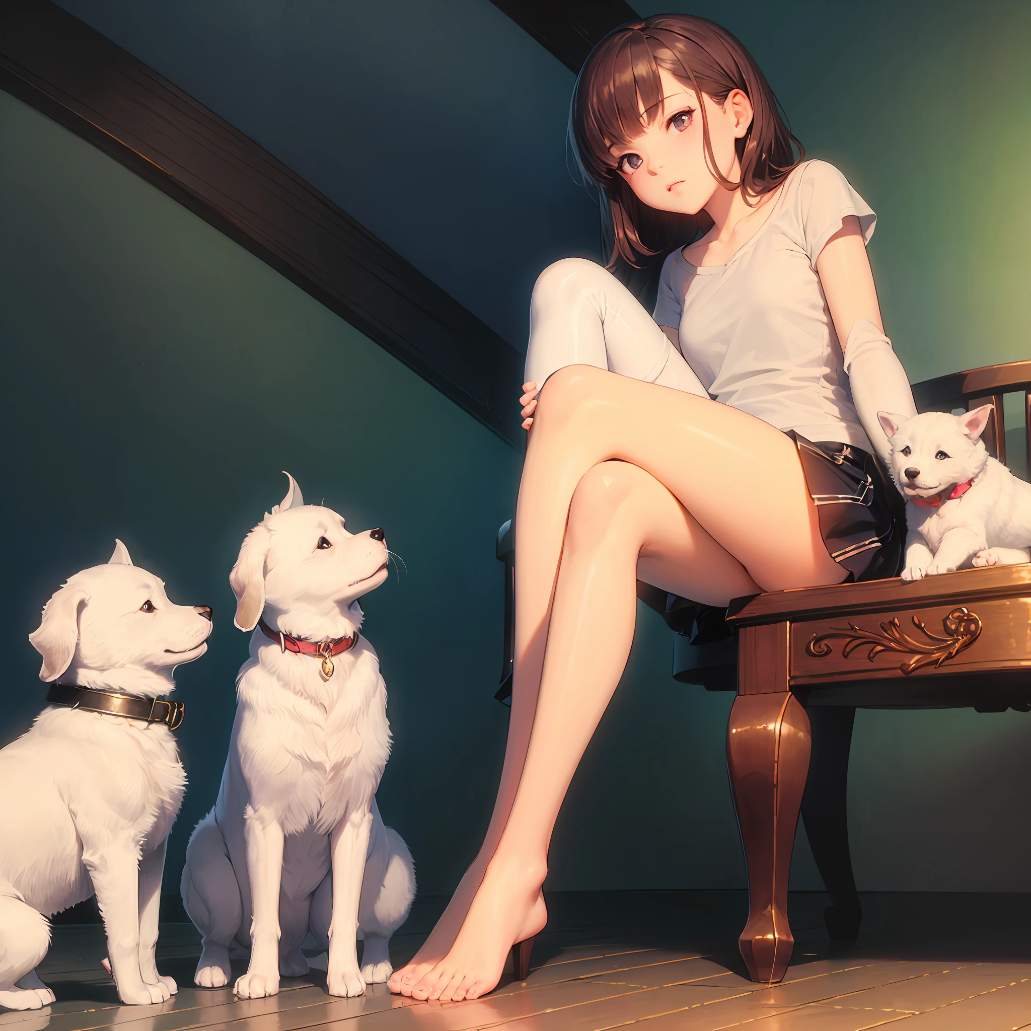 A cute girl in a short skirt holds a silver-white puppy，There is a red light on the puppy's head --auto