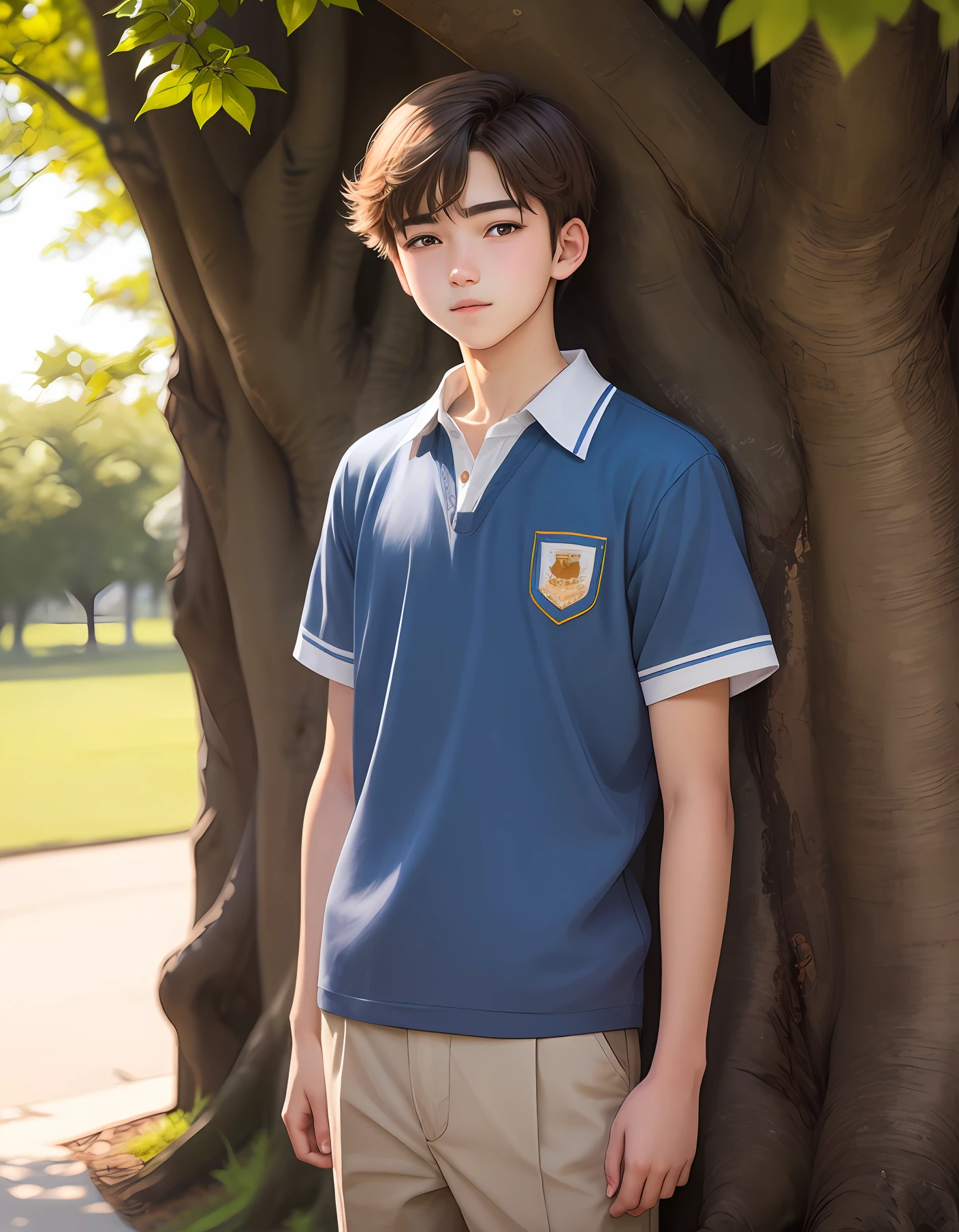 A fifteen or sixteen-year-old boy, sleepy-eyed, standing on the left side of the magnolia tree, wearing a blue school uniform, a face full of sunlight, brown hair, a gentle smile on his face, a tall posture, a clear face, handsome and handsome