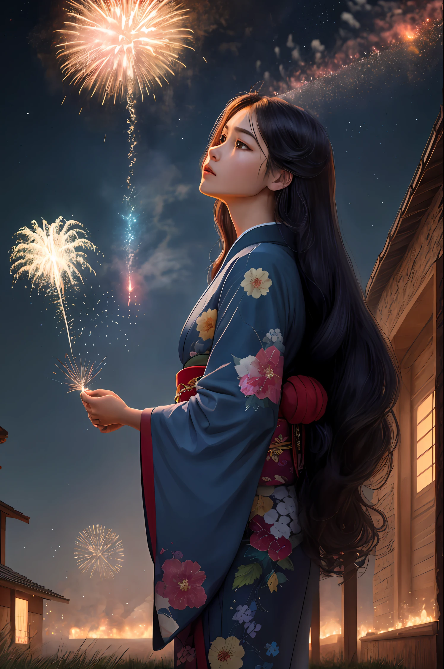 Comets glide through the sky, Fragmentation into fragments，The fireworks are still in the sky，A beautiful girl with long hair in a blue kimono stands on the lawn and looks up at the sky