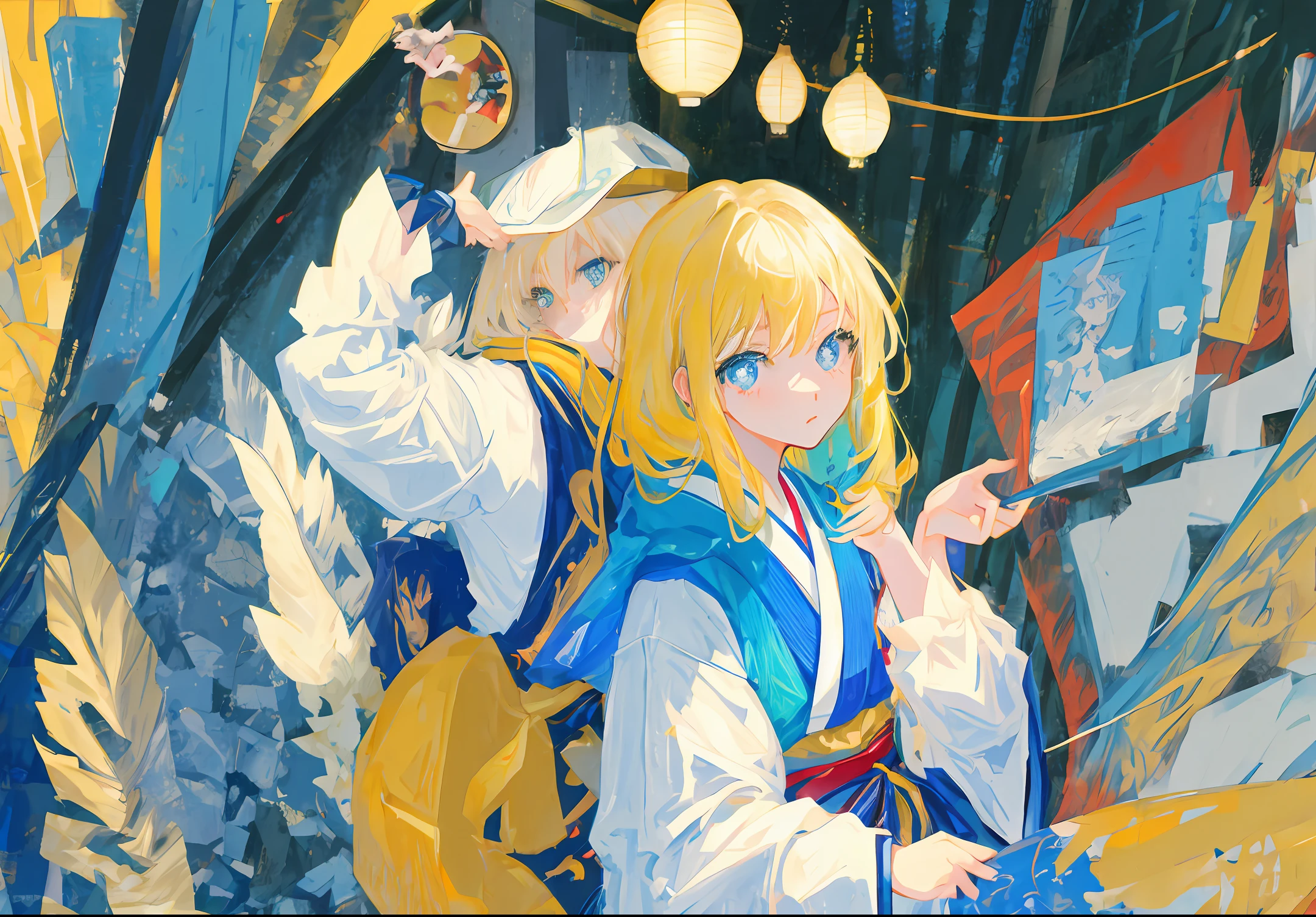 Japanese manga style，Yellow-haired and blue-eyed girl