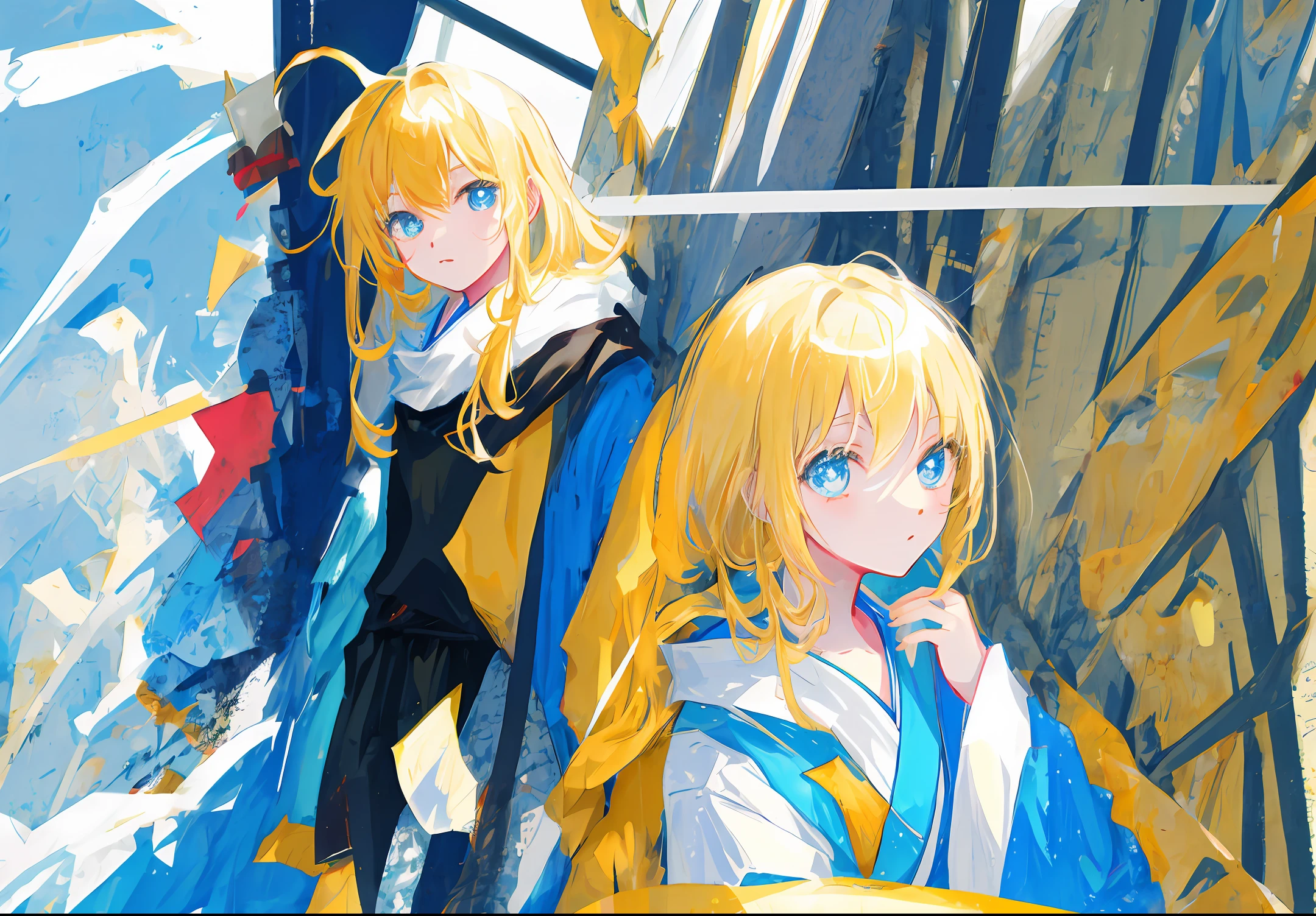 Japanese manga style，Yellow-haired and blue-eyed girl