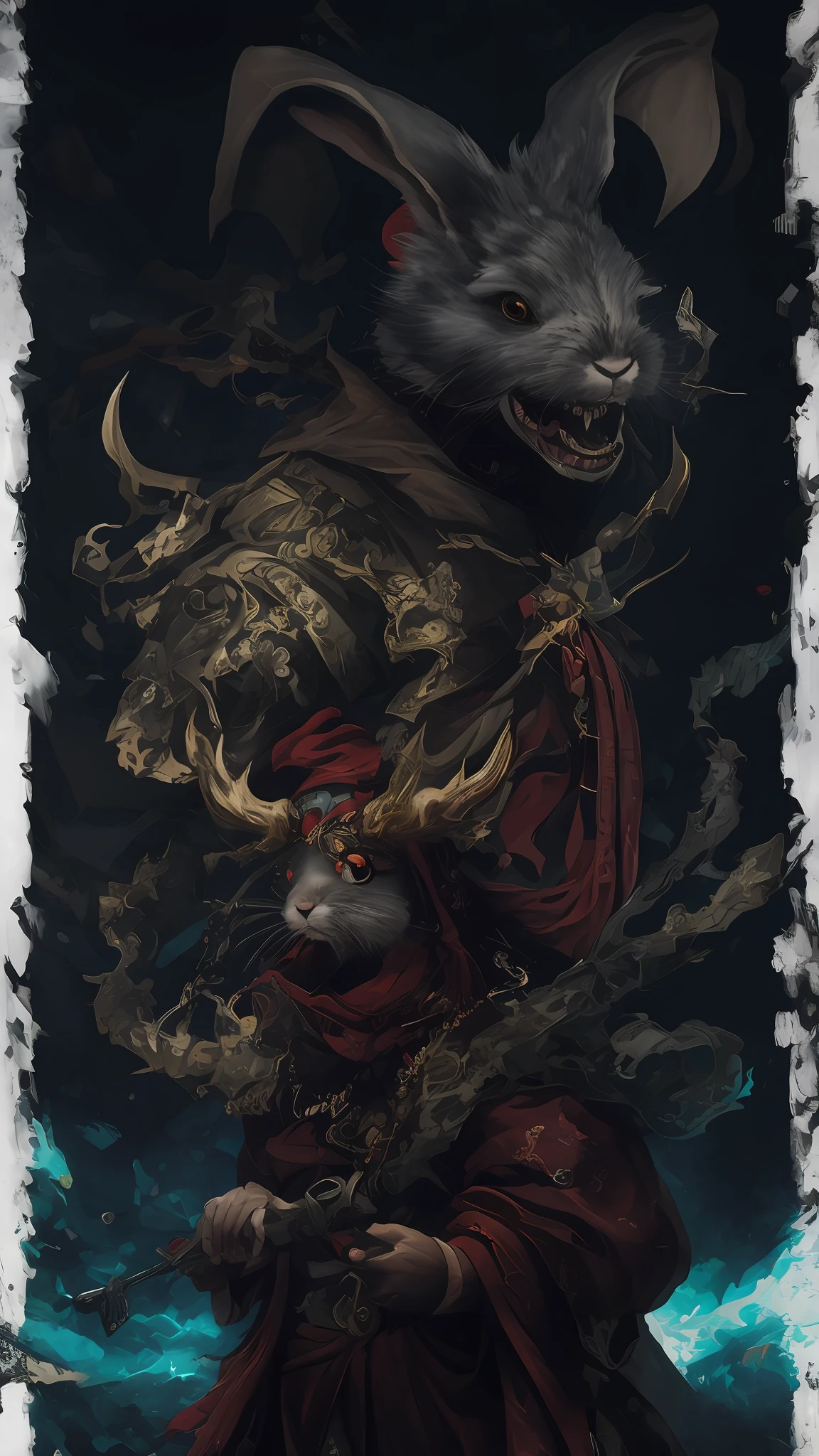 Drawing of a rabbit with a sword and a devil、Beautiful rabbit Grim Reaper Mohrbacher、Mohrbacher's art style inspired by Shunkosai Hokushu、asura from chinese myth、God of Chaos inspired by Ryukosai Dingkei、Style of Peter Mohrbacher、​masterpiece、Top image quality