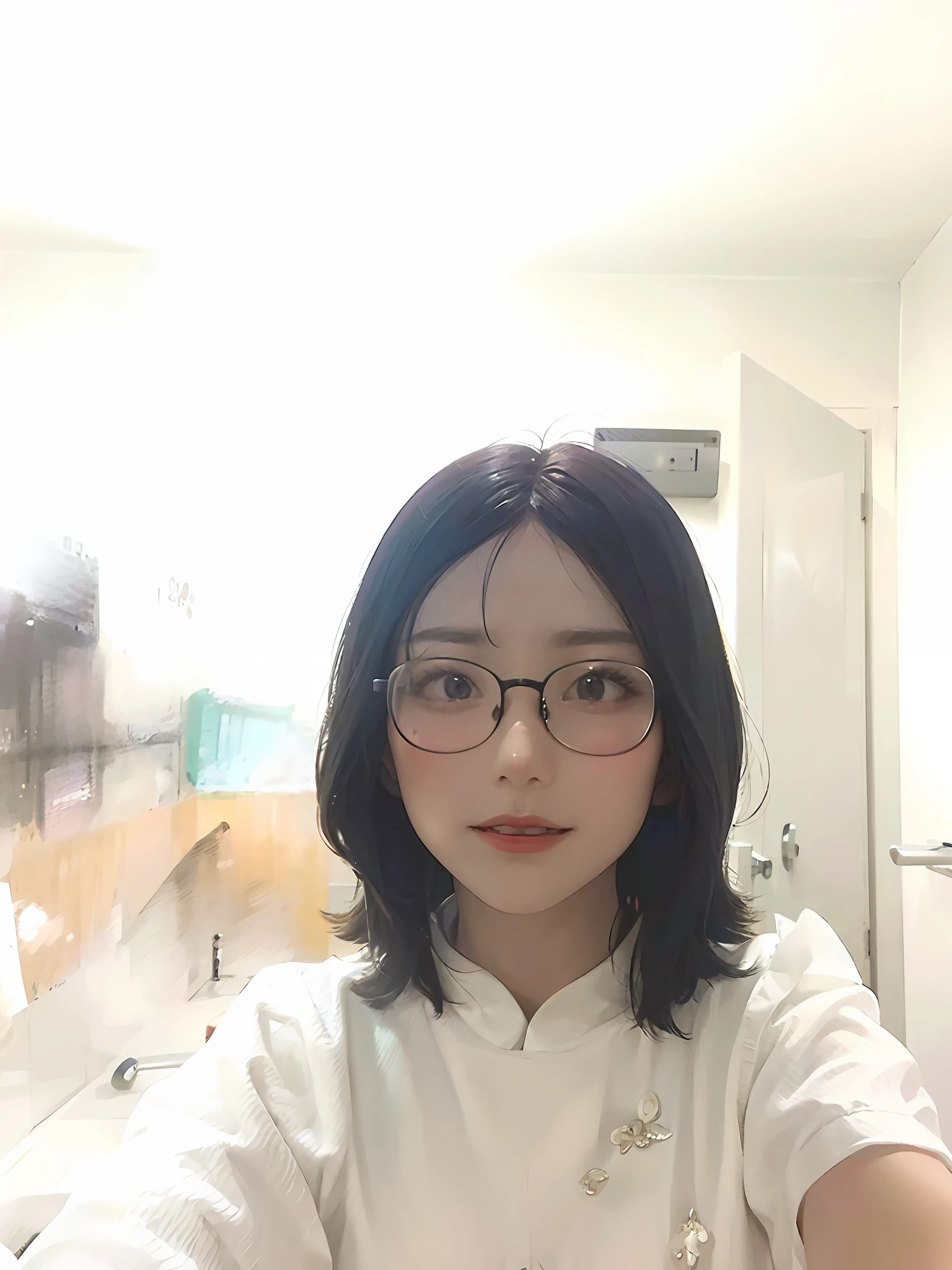 there is a woman taking a selfie in a bathroom, Choi Hyun-hwa, jaeyeon nam, with short hair, inspirado por Kim Jeong-hui, jiyun chae, sangsoo jeong, With glasses, Kim Tae-joon, wenfei ye, Korean girl, seseon yoon, xintong chen, 2 7 years old, Korean symmetrical face