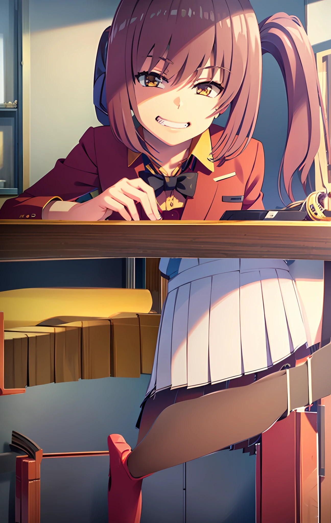 Amasawa ichika
a woman in red school uniform,pink - purpule hair, yellow eyes, classroom, tails hairstyle,  an evil grin, slim
masterpeace, best quality, (extremely detailed CG:1.4), highly detailed faces ,glowing colors