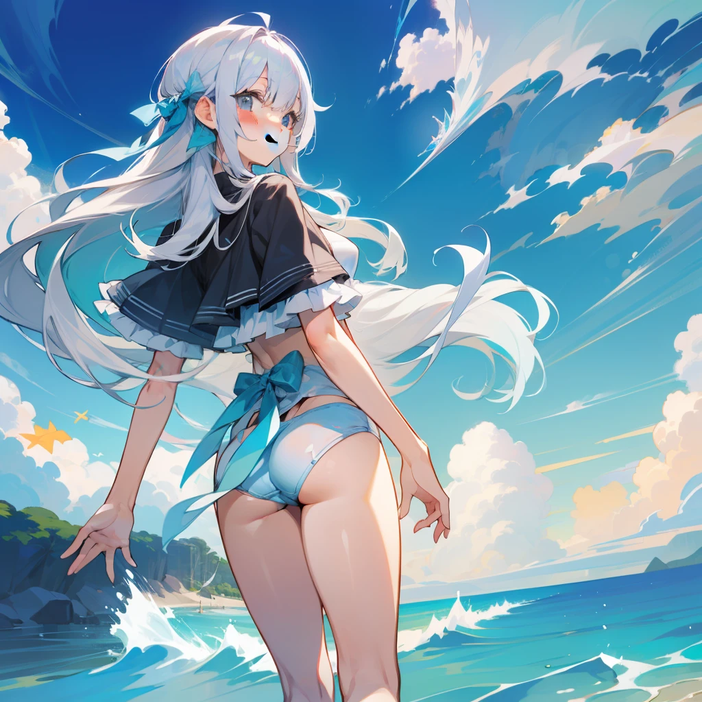 Silver hair, Very long hair, hair two side up, hair splayed out, Hair ribbon, ribbon, Smile, hyper HD, 16k, Best quality, High details, Anatomically correct，sandbeach，Cute swimwear，illustration，Anime style