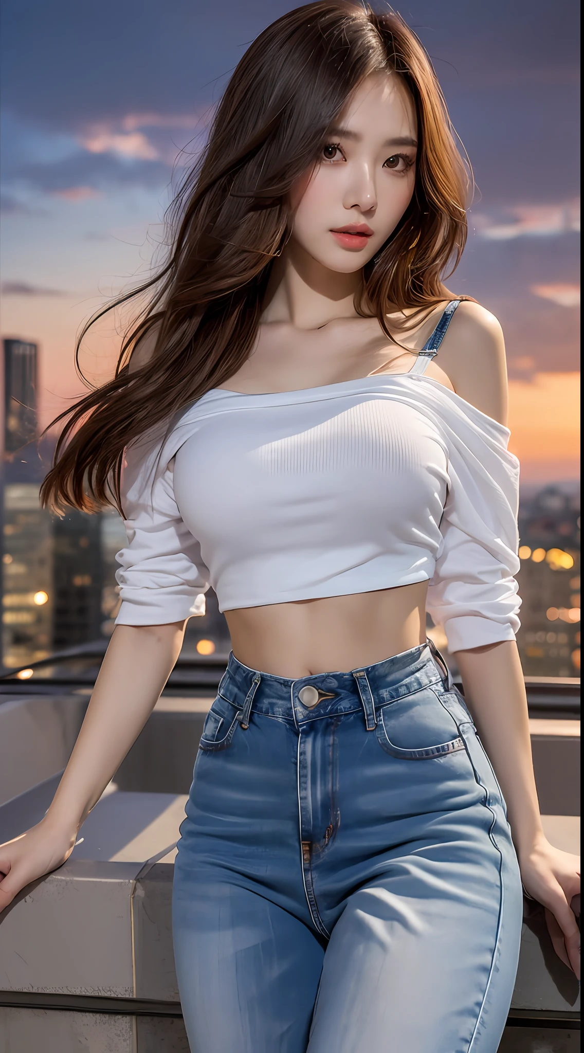((Midnight, Best quality, 8k, Masterpiece :1.3)), Whole body, Long legs, Sharp focus :1.2, A pretty woman with perfect figure :1.4, Slender abs :1.1, ((Dark brown hair, Big breasts :1.2)), (White tight tshirt, Jean bib, Standing:1.2), ((Night city view, Rooftop:1.3)), Highly detailed face and skin texture, Detailed eyes, Double eyelid, sunset, darken, backlit, off shoulder