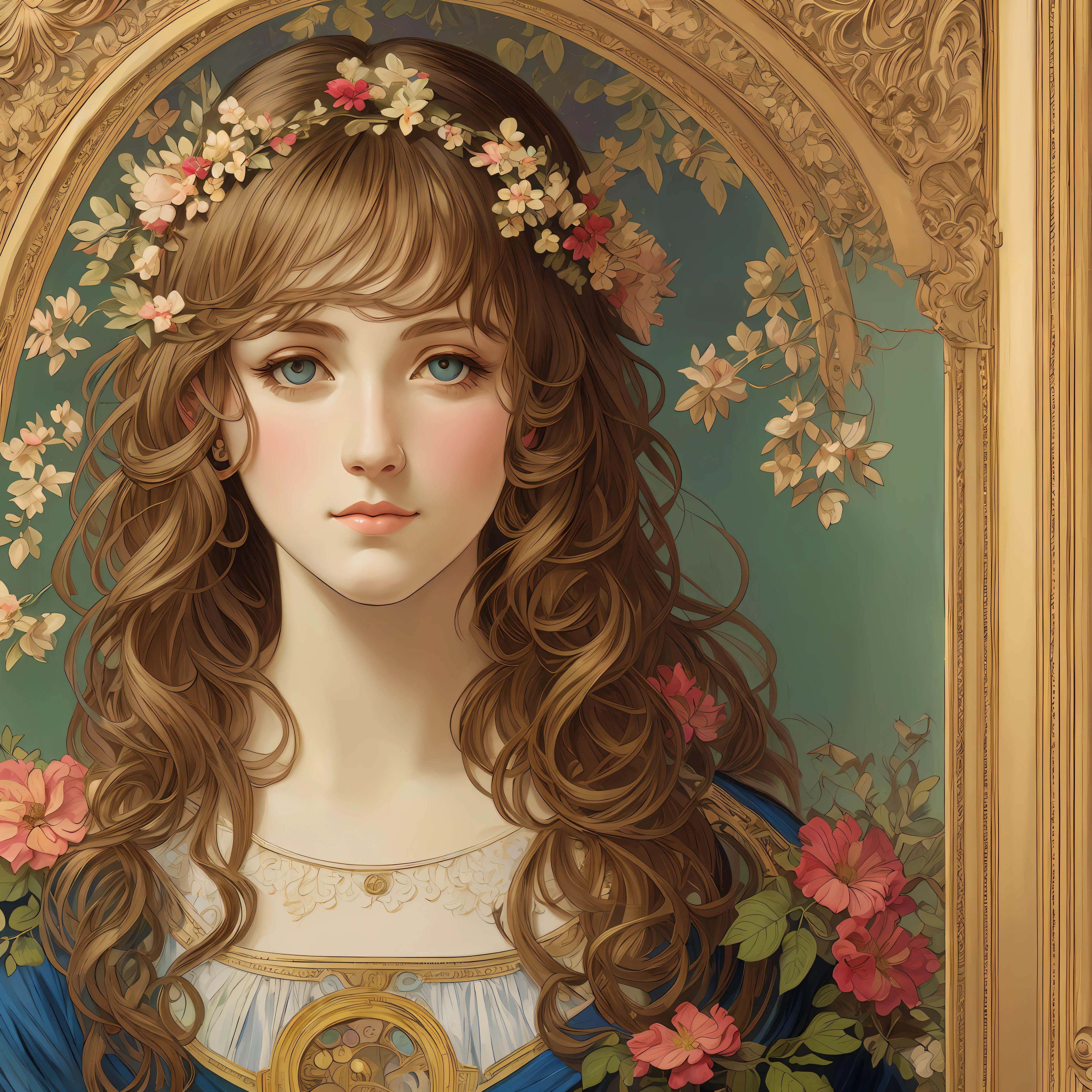 face portrait of a European female , long curly hair, blond, floral frame, Decorative panels, abstract
artistic, by Alphonse Mucha
(Masterpiece, Best Quality, Highres:1.4), Detailed, Intricate Details, 4K, color splashes, line art, fibonacci, --auto