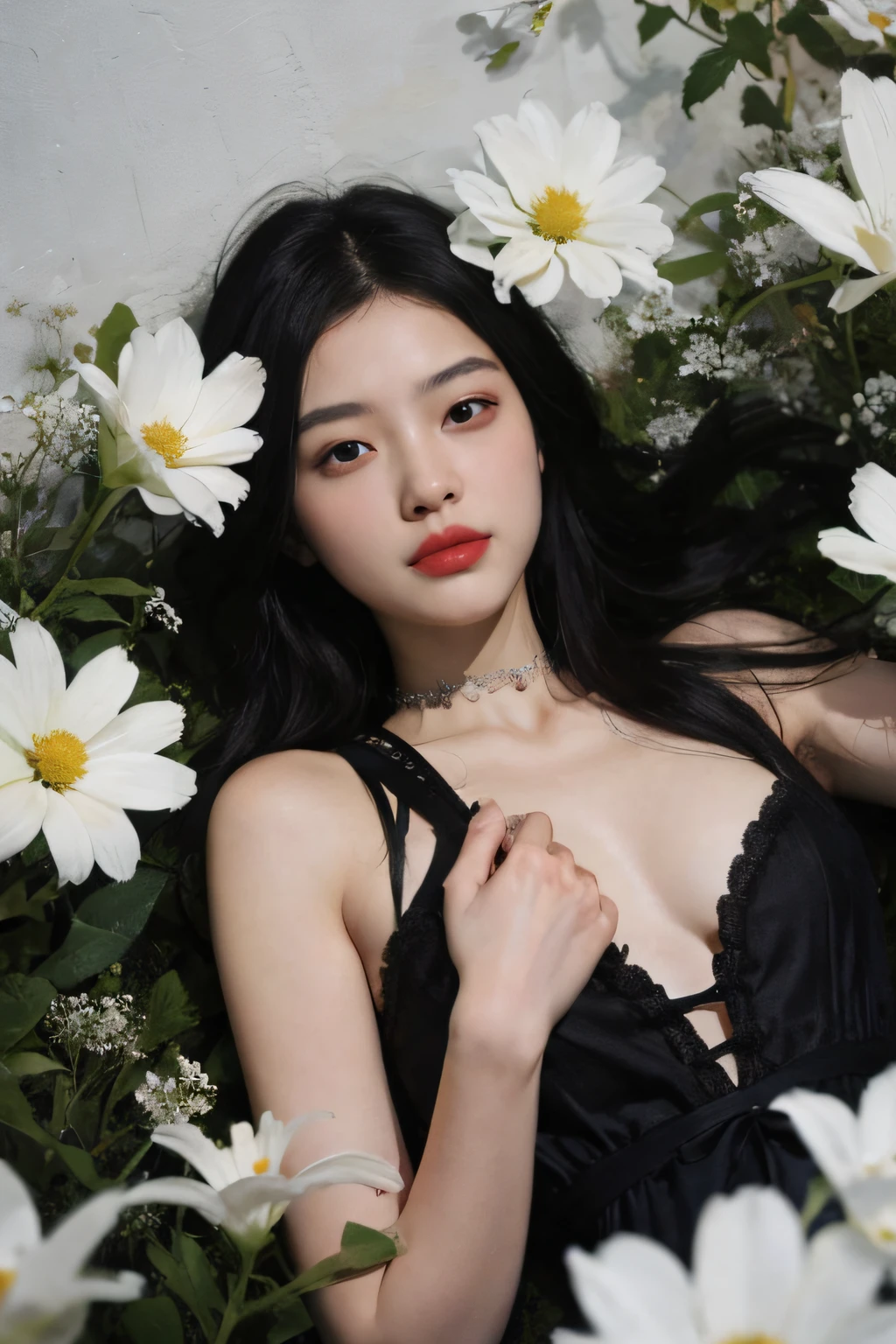 (oil painted:1.5),
One with long black hair,Woman with white flowers in her hair lying in a field of white flowers,(Amy Saul:0.248),(Stanley Ategg Liu:0.106),(A detailed painting:0.353),(gothic art:0.106)