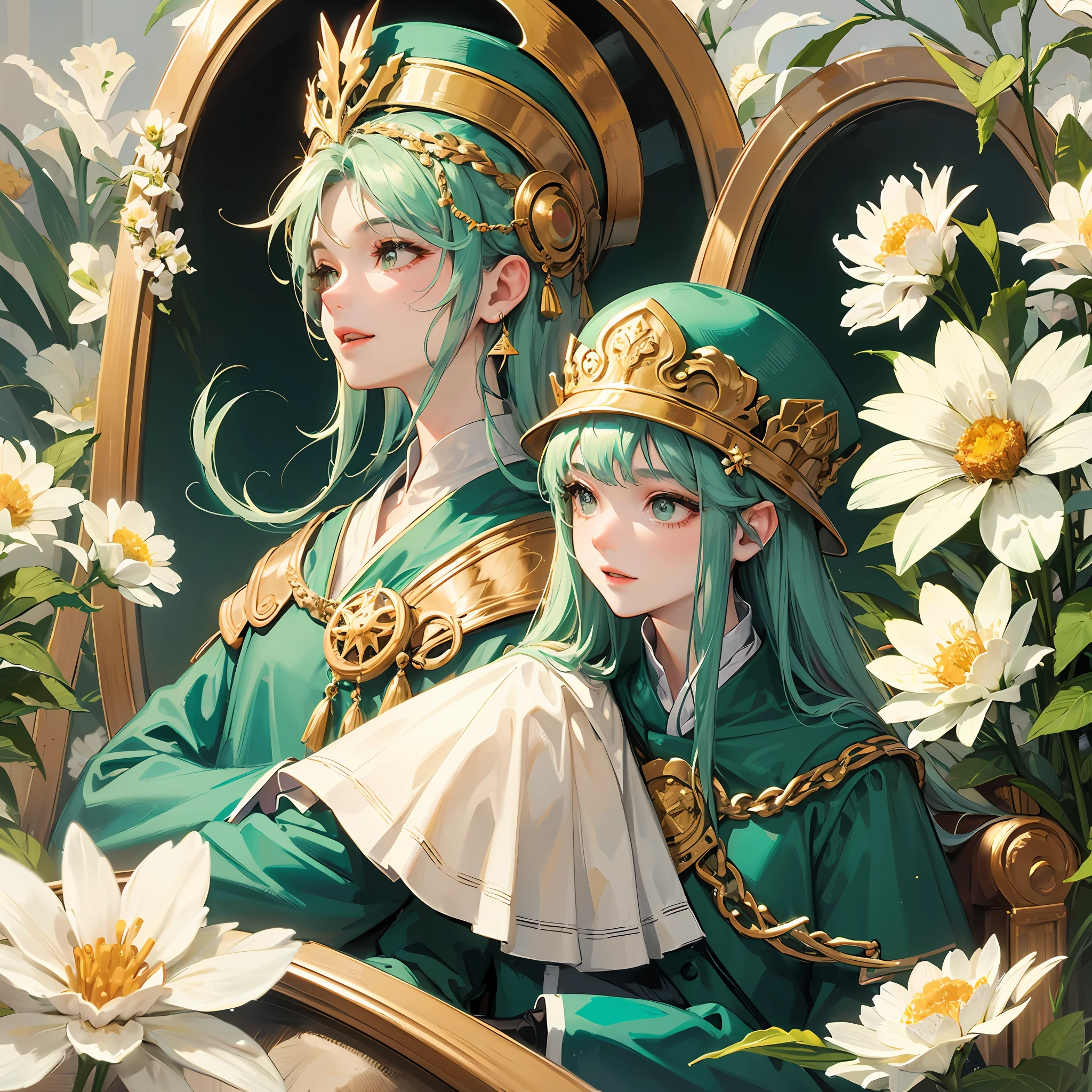 ember,shoun,laughingly,gentleness ,barded,Green clothes,wearing hat,There are white flowers on the sides of the hat,ventania,Sea of white flowers on background --auto