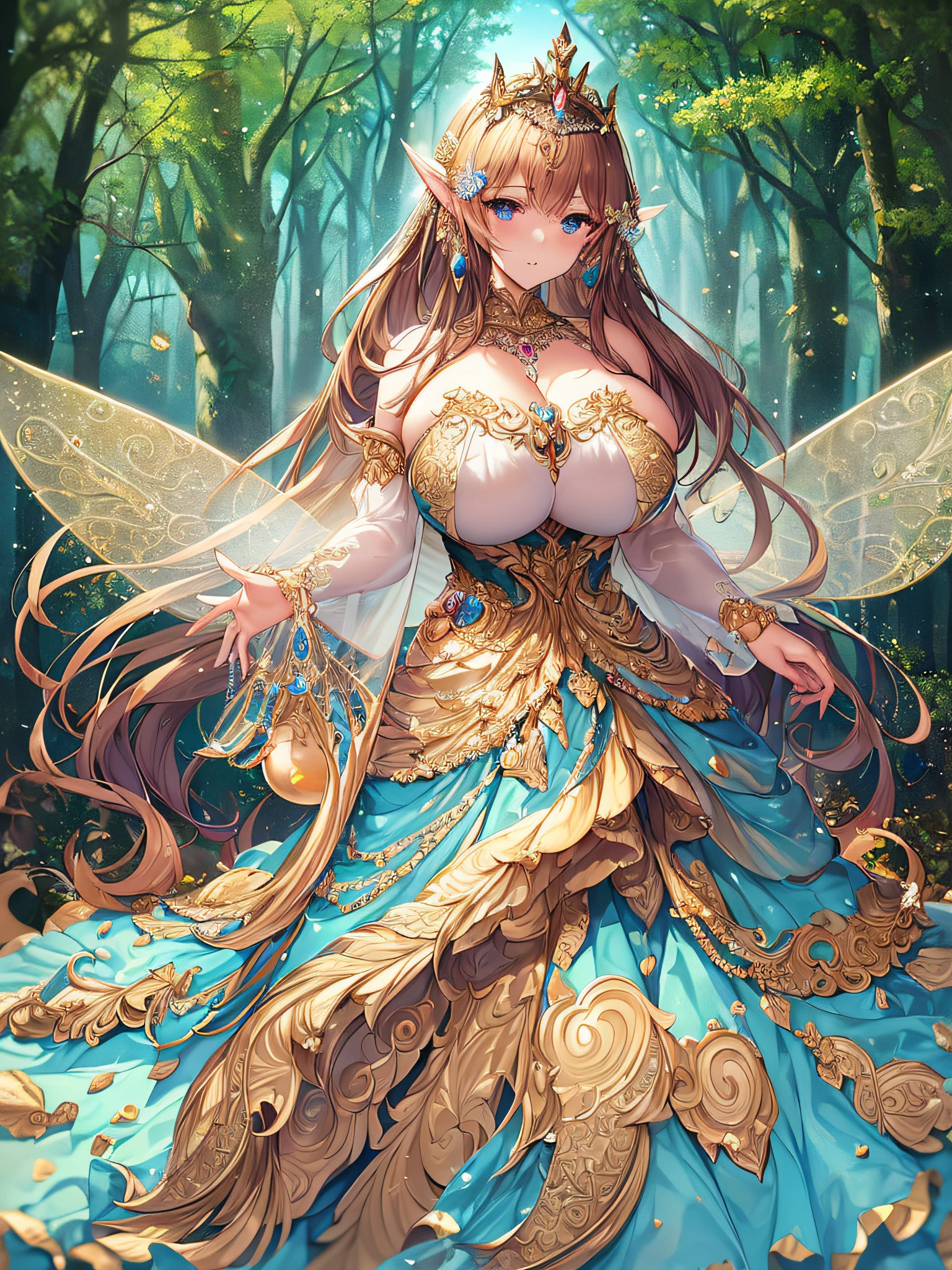 ((anime artstyle)),(Masterpiece),(Best Quality), (Super Detail),((Very Delicate and Beautiful)),Focus on character,Dynamic Angle,Looking at viewer,((Solo)),standing,((full body)),((one fairy tale princess in gorgeous ball gown with voluminous skirt)),detailed face and eyes,(fairy wings),jewel-like eyes,((Very Long voluminous Hair)),gorgeous embroidery and lace,See-through,ornate ruffles,(Gorgeous jewelry ornaments),luxury hair ornament,luxury tiara with jewels,(gigantic breasts,Long breasts),(outdoor,fairy tale forest),fairy tale atmosphere,full body,(((jeweled gorgeous ball gown with voluminous skirt))),