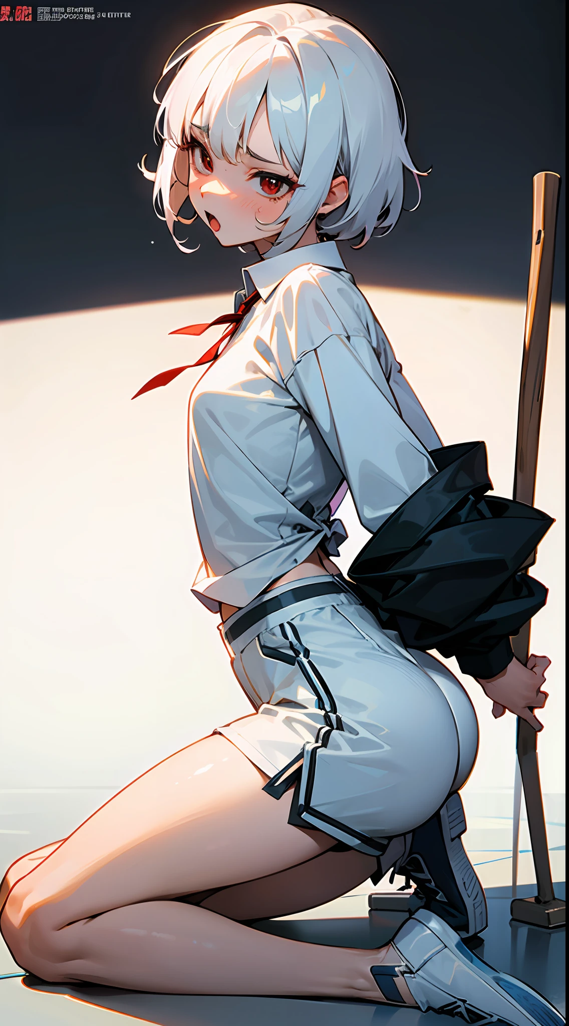 1girll,with short white hair，Long Sleeve White Shirt，White sports shorts，The face is very red，Crawling，Pout your ass，Medium chest，Very painful expression，Open your legs at a large angle，Open your mouth and stick out your tongue，is shy，Fragile，Raised sexy，Back view，Turn Back