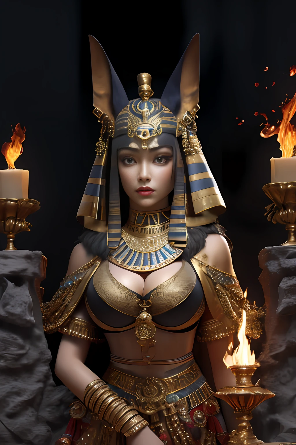 1girl, busty, solo, portrait of godanubis with altar of fire, ornate, egypt, energy, aura, dust, debris,
