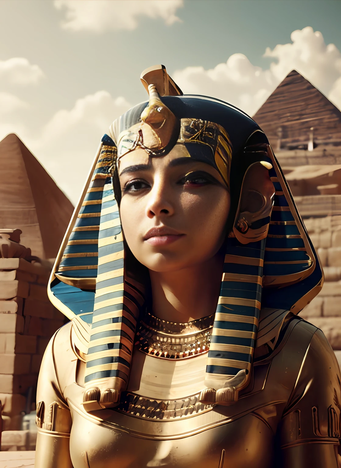 sfw, phr8, pharaon, women, busty,   (Pharaoh Headdress:1.5), egyptian clothes, egyptian bracelet, cloudy sky, Standing At Attention, (Upper_body), black hair, Short_hair, Blue_eyes,  serious, photorealistic, official art,extremely detailed CG unity 8k wallpaper, perfect lighting,Colorful, Bright_Front_face_Lighting, (masterpiece:1.0),(best_quality:1.0), ultra high res,4K,ultra-detailed, photography, 8K, HDR, highres, absurdres:1.2, Kodak portra 400, film grain, blurry background, bokeh:1.2, lens flare, (vibrant_color:1.2),