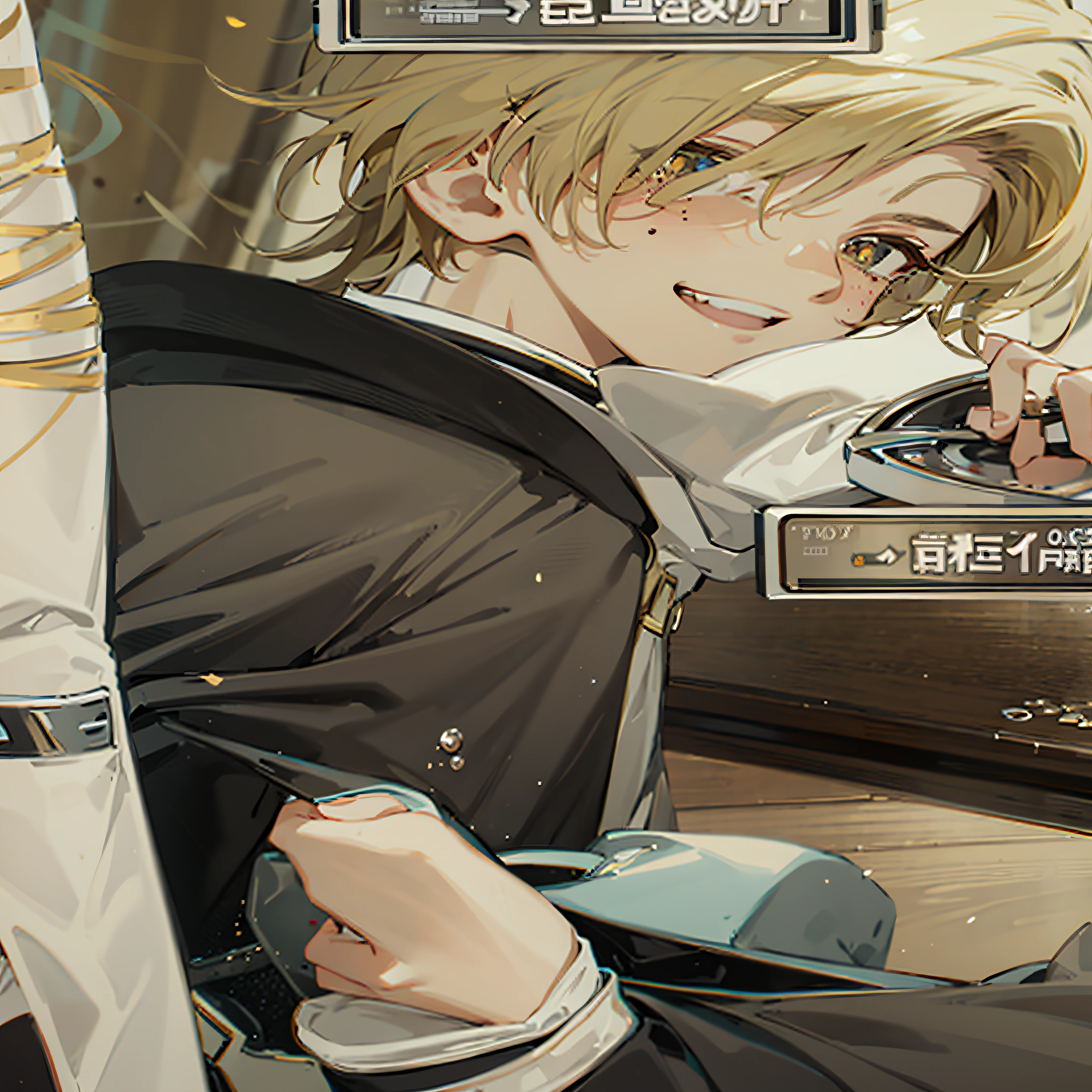 Boys,Handsome,middle parted hairstyle,blond hairbl,Golden pupils,Side face smile,blushing slightly,A tear mole,Beautiful,Boy student